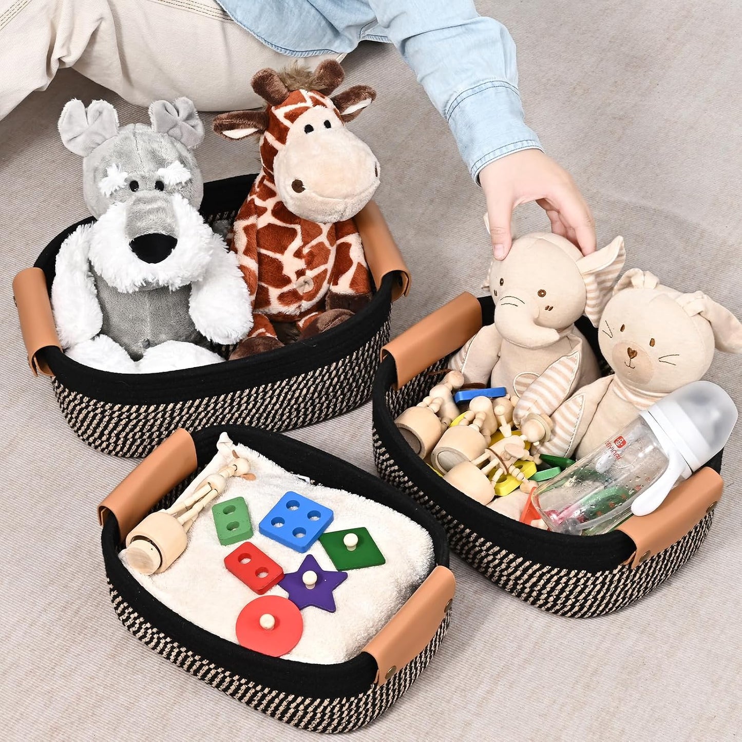 Small Woven Basket -4 Shelf Basket / Black & Brown / Set of 6