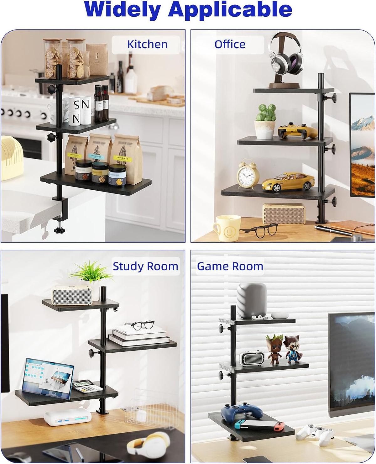 3 Tiers Clamp On Desk Shelf, 360° Angle Adjustable Desktop Shelf Organizer for Home Office Gaming Room, No Drill Desk