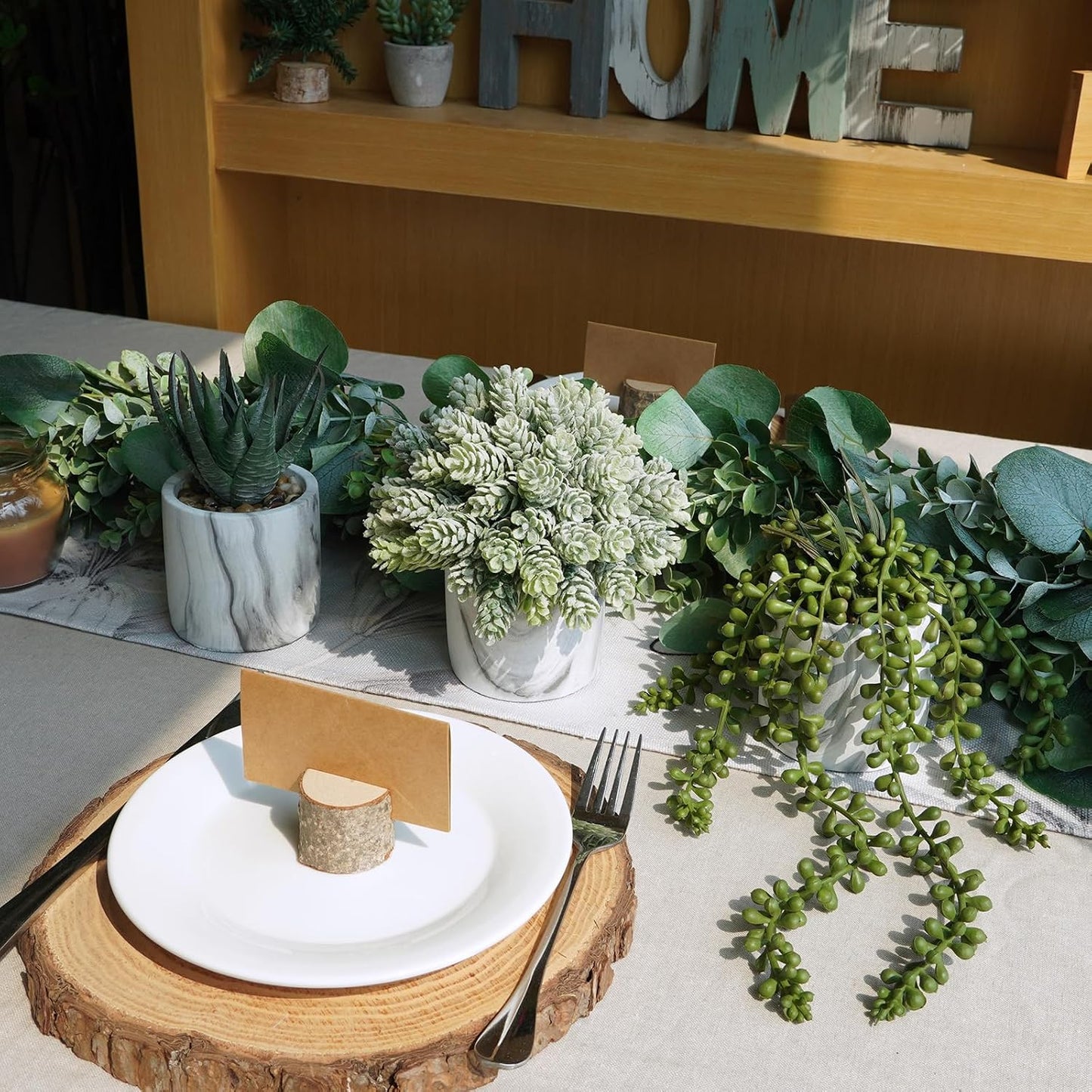 Small Artificial Succulent Potted Plants Fake Aloe Hops String of Pearls in Modern Marble / Set of 3