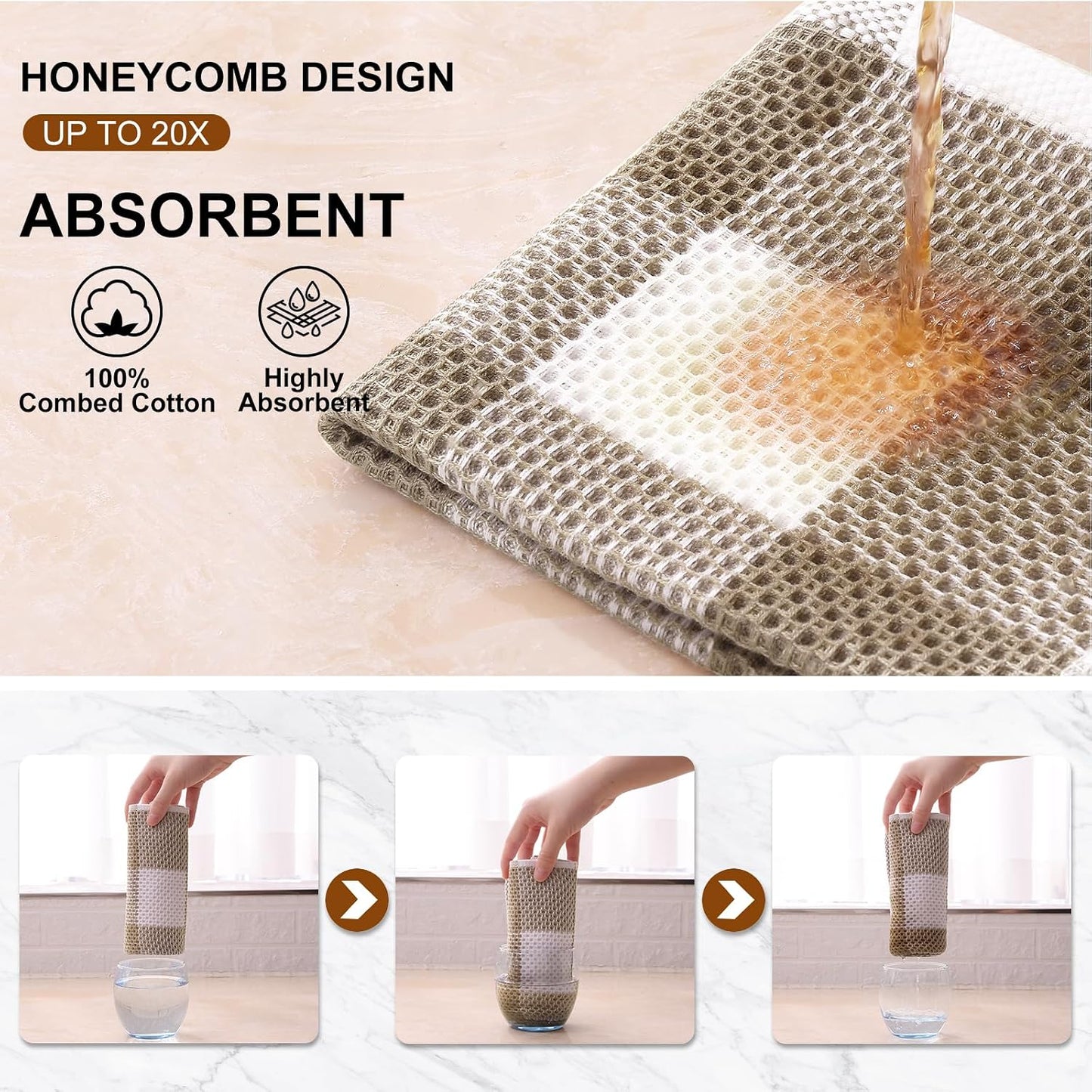 Mordimy Cotton Waffle Kitchen Towels, 13"x 28", 6 Pack, Khaki & White | Super Soft and Absorbent Buffalo Check, Durable