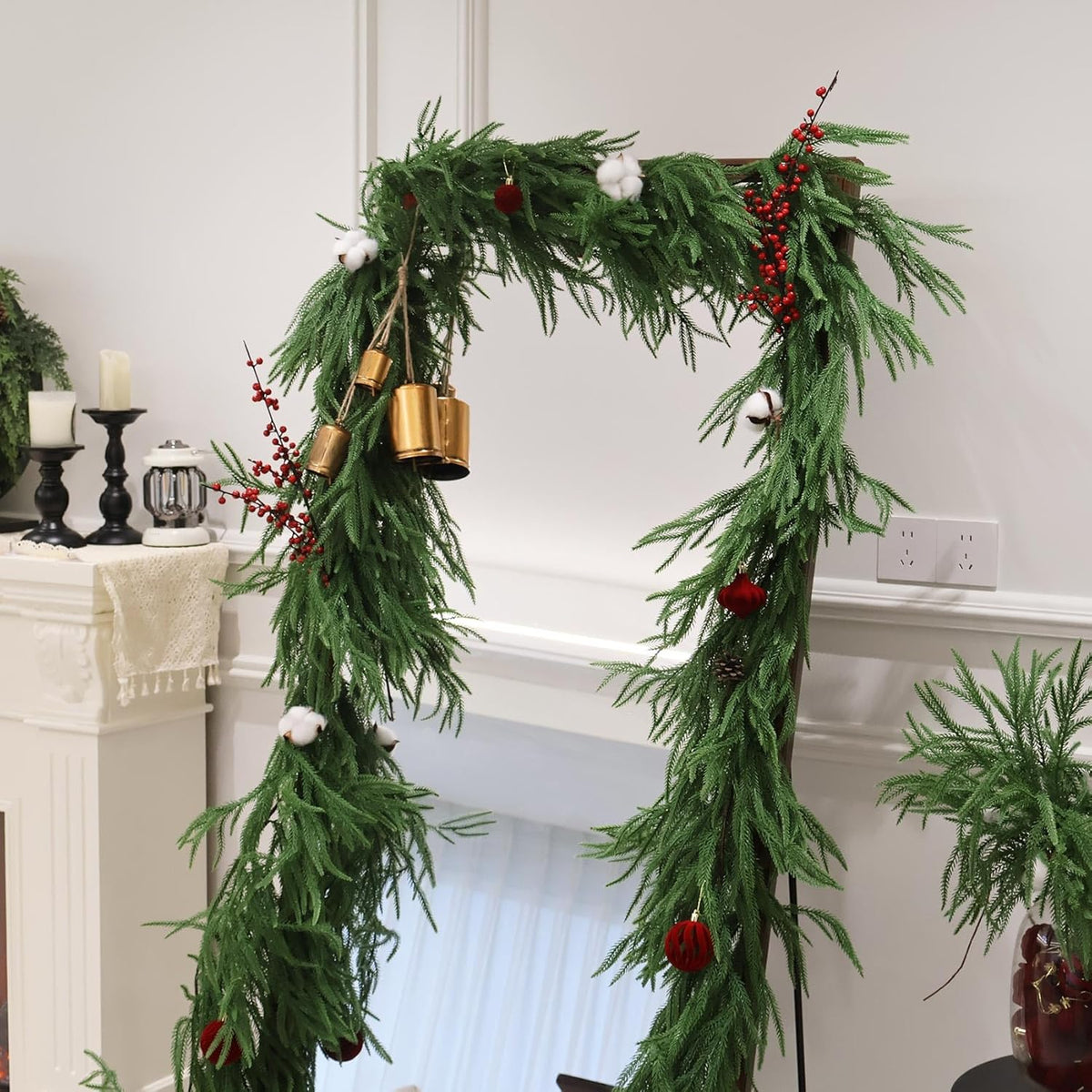 2PCS 5FT Christmas Norfolk Pine Garland Real Touch for Mantle Decoration | Artificial Realistic Winter Greenery Garland