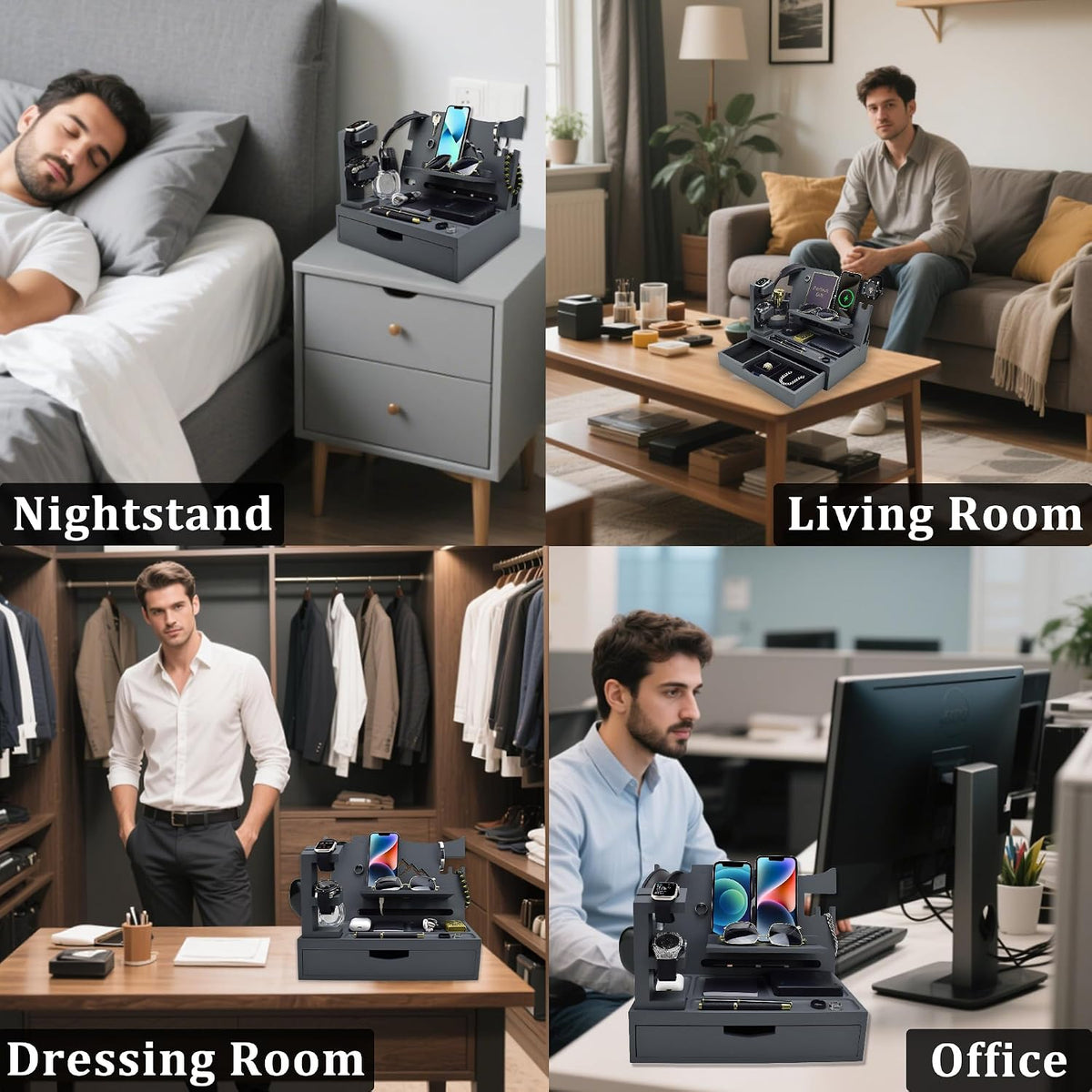 Nightstand Organizer for Men with Large Drawer, Wood Phone Docking Station for Phone, Apple Watch, Wallet & Keys, Ideal