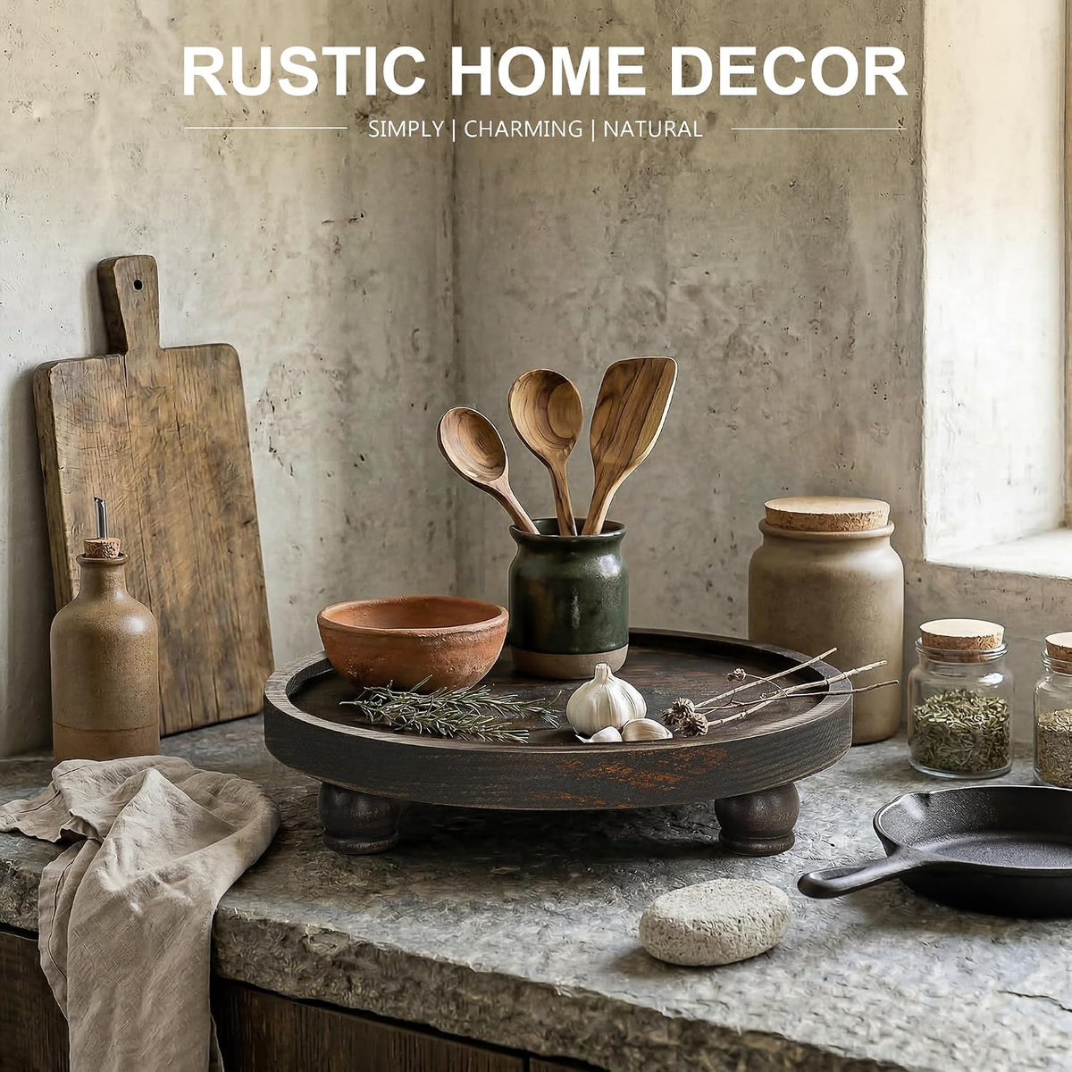EOSAHR Display Riser: Pedestal Stand for Kitchen Decor, Distressed Black | Pine Wood, 10" Round Candle Display Stand