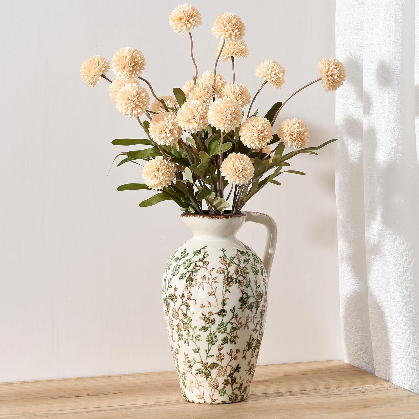 Rustic Ceramic Vase / Green and Beige- 8.9 / 8.9 Inch