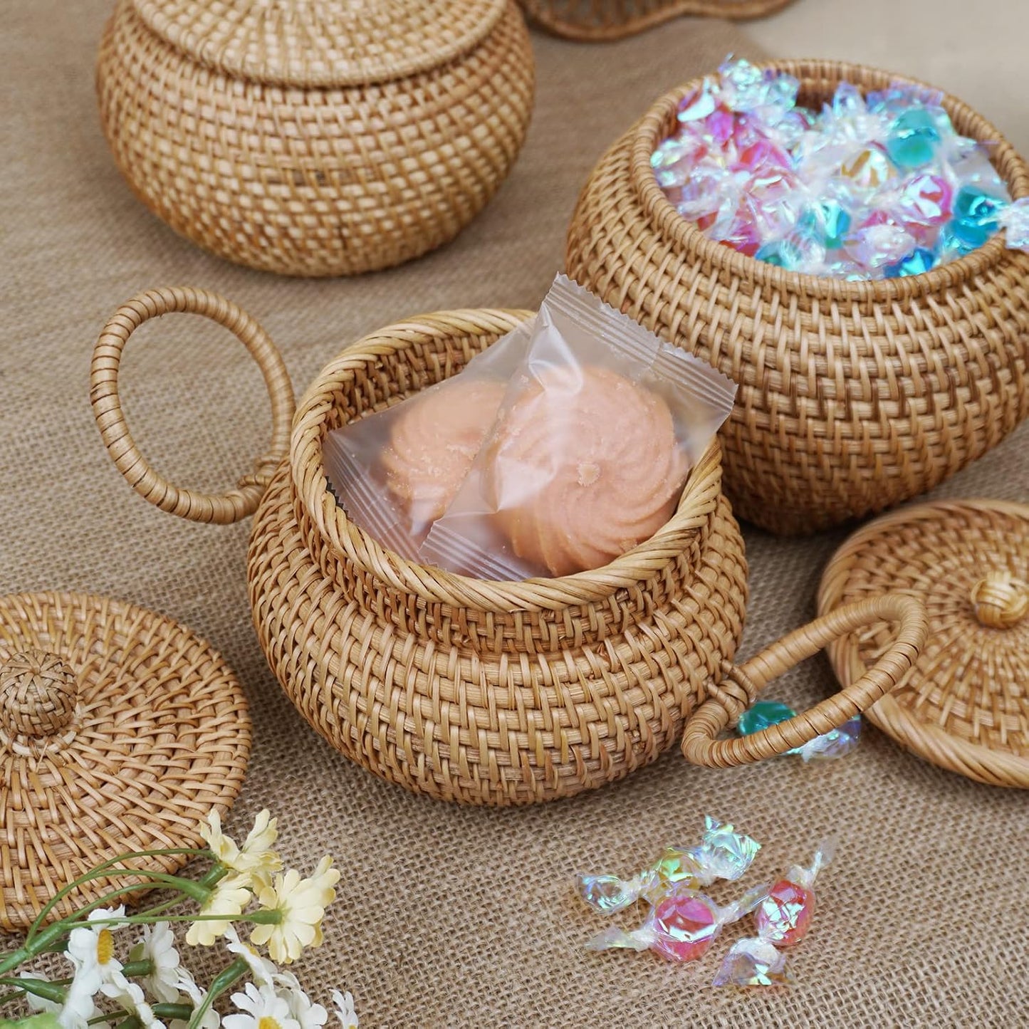 Round Rattan Basket Box / Round Rattan Basket with Lid / 6.3 Inch
