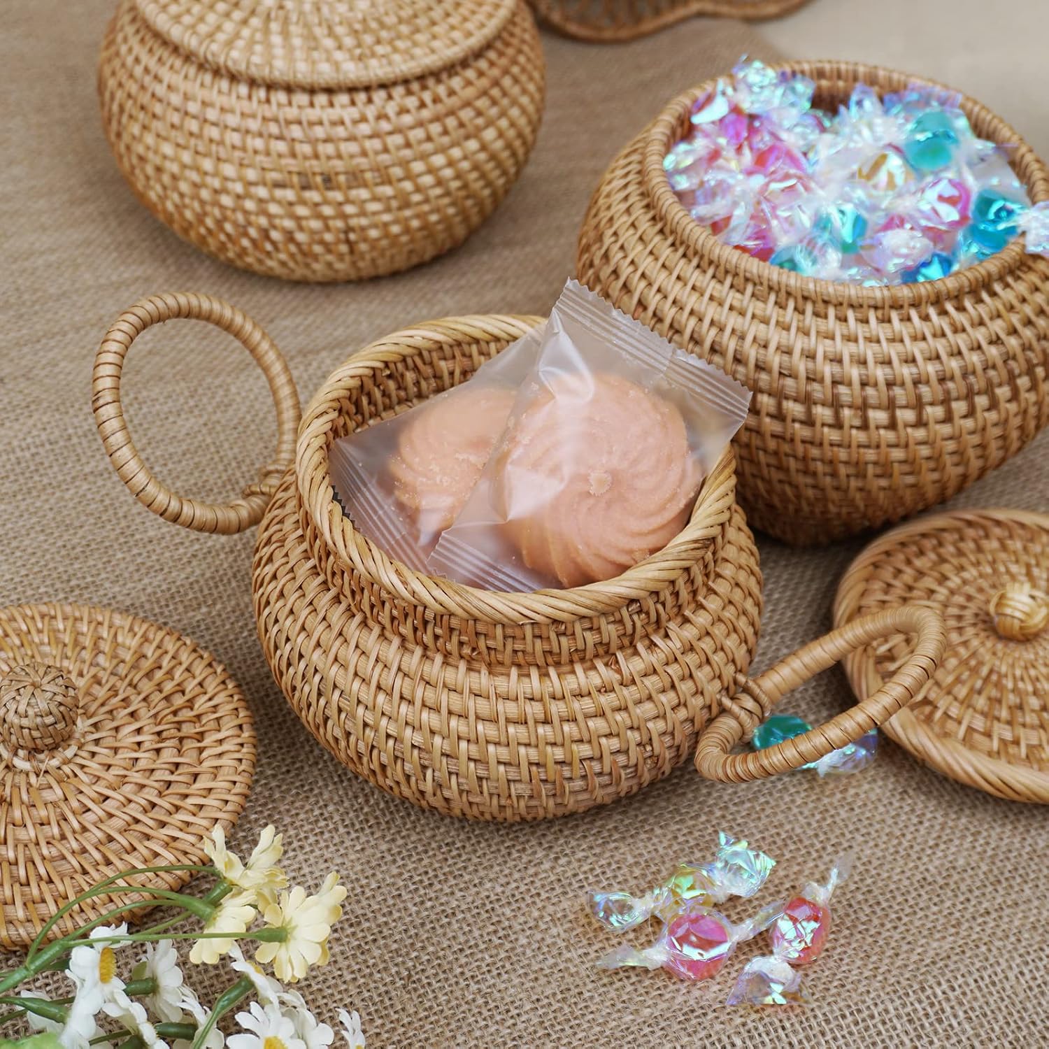 Round Rattan Basket Box / Round Rattan Basket with Lid / 6.3 Inch