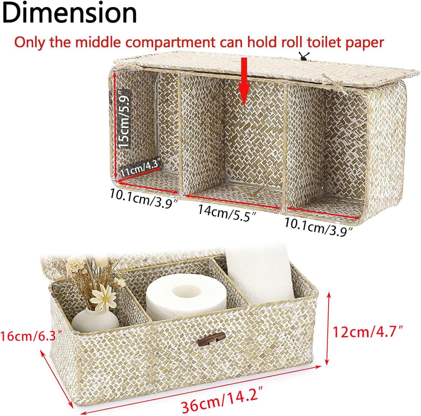 Seagrass Storage Basket Bin 3 Sections Hand-Woven Wicker Baskets / Medium / Whitewash