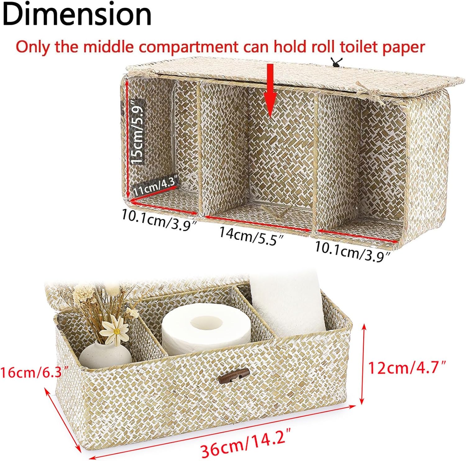 Seagrass Storage Basket Bin 3 Sections Hand-Woven Wicker Baskets / Medium / Whitewash