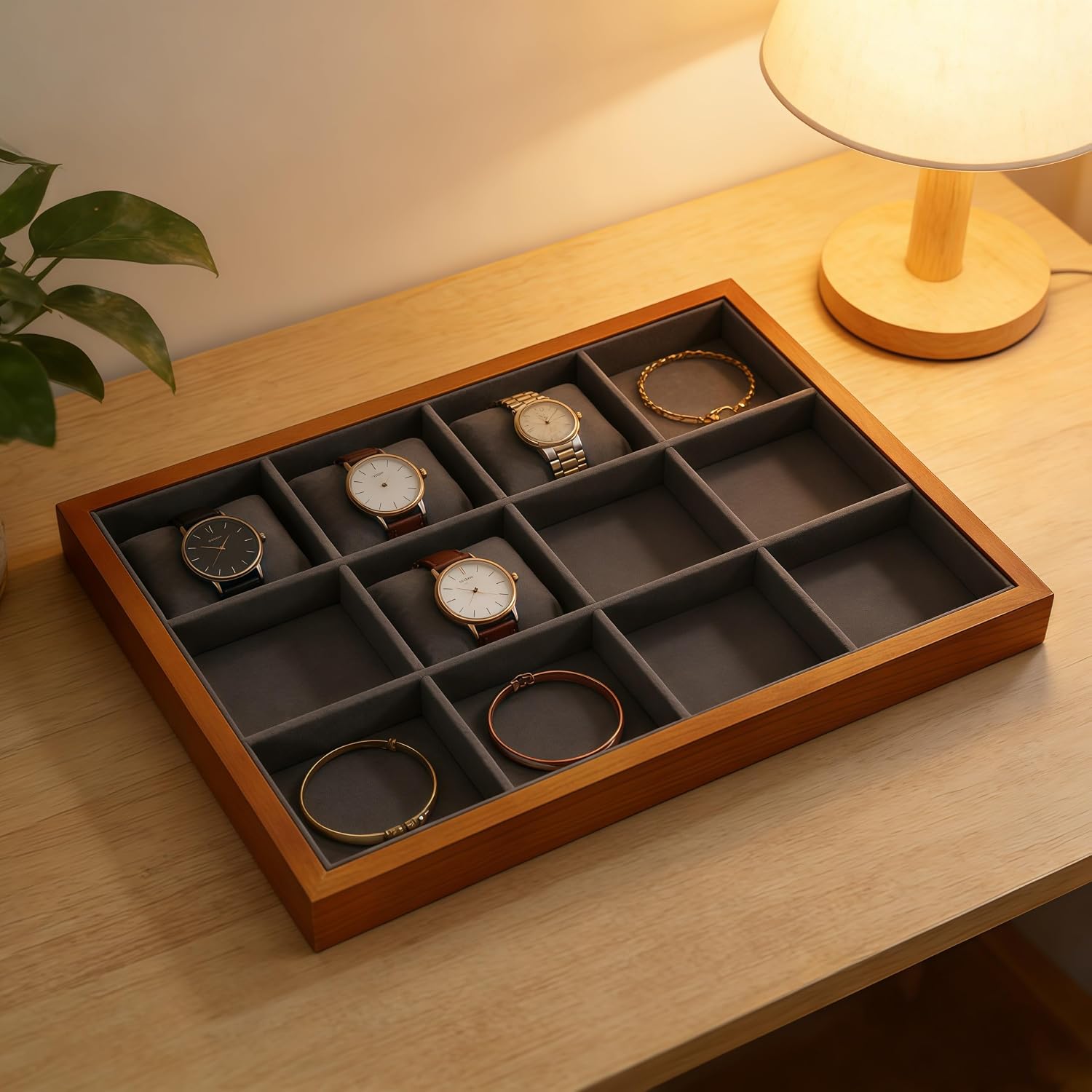 Wood Flat Jewelry Tray 12 Grid Display Wood / Gray / Bracelet Tray-w 9.45" x H 1.18"x L 13.78