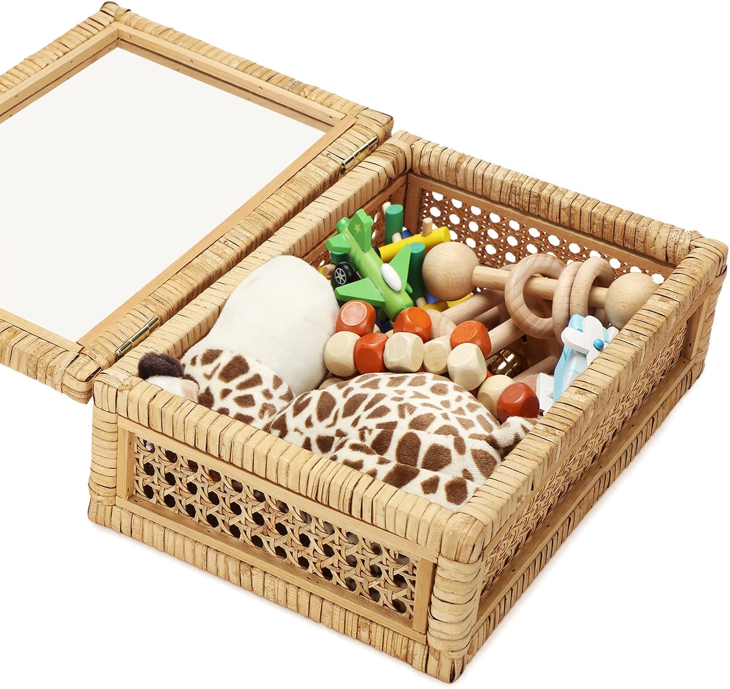 Glass Lids Decorative Woven Cane Boxes Multipurpose Square Basket / Set of 2