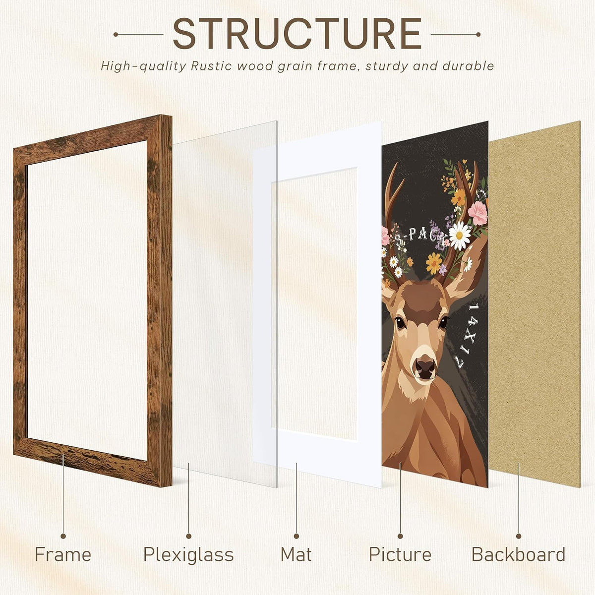 14x17 Rustic Brown Picture Frame, Poster Frame for Wall, 3 Pack | Fits 10x14 Photos With Mat or 14x17 Without Mat