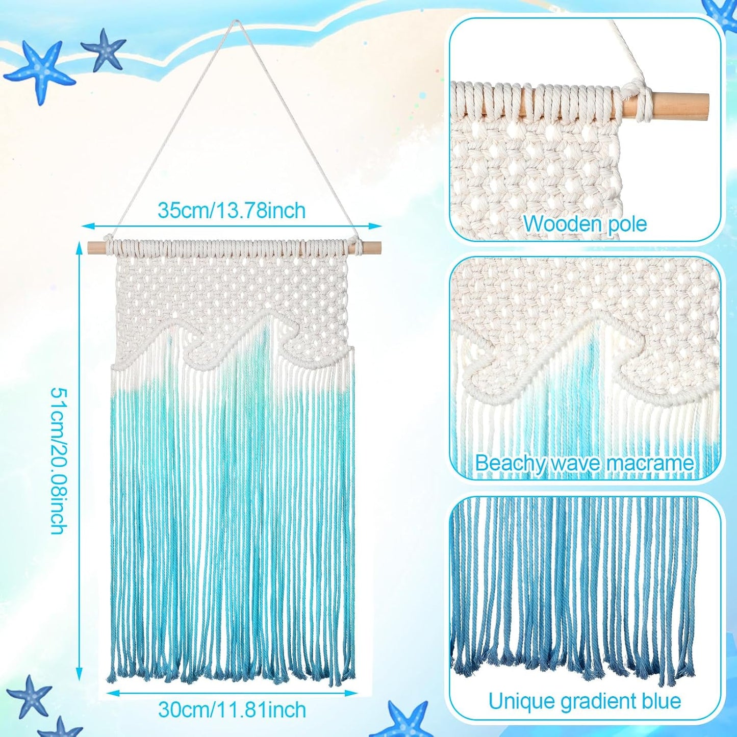 Beach Wave Hanging Tassels Decor " Ocean Macrame Wall Hanging Coastal Tapestry Wall Art / 14 x 20