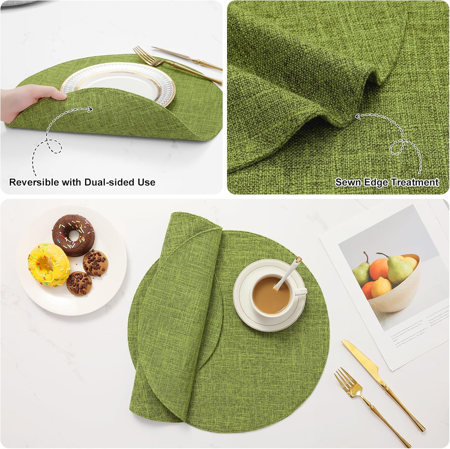 Cotton Linen 15 Inch Round Cloth Place mats, Set of 6, Grass Green | Washable Table Mats, Heat Resistant, Reversible