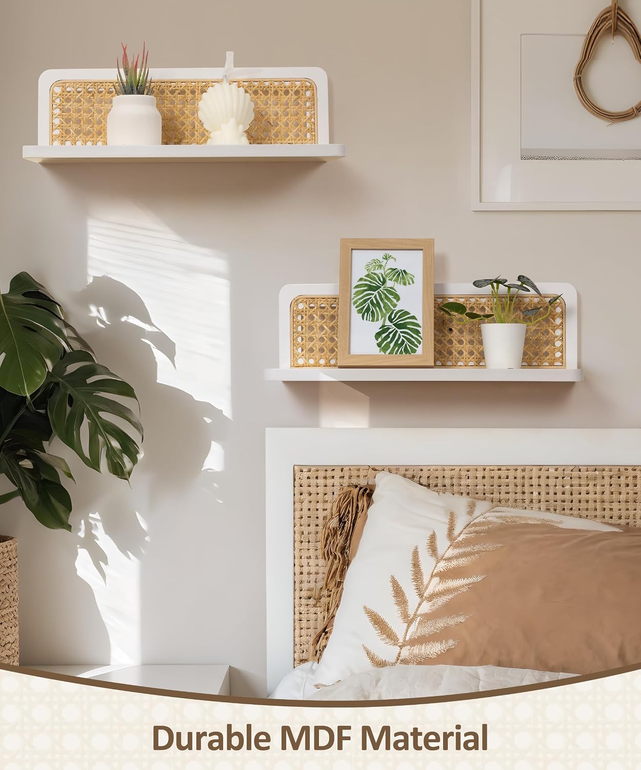 Rattan Floating Shelves / White / 5.9 x 15.75 x 5.1