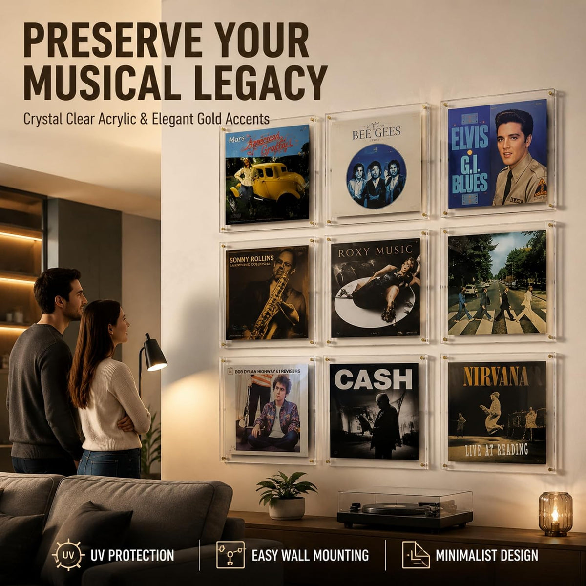 3Pack Clear Acrylic Vinyl Record Album Display Frame for Double LPs | Self Adhesive Wall Mount Display Holder, No Drill