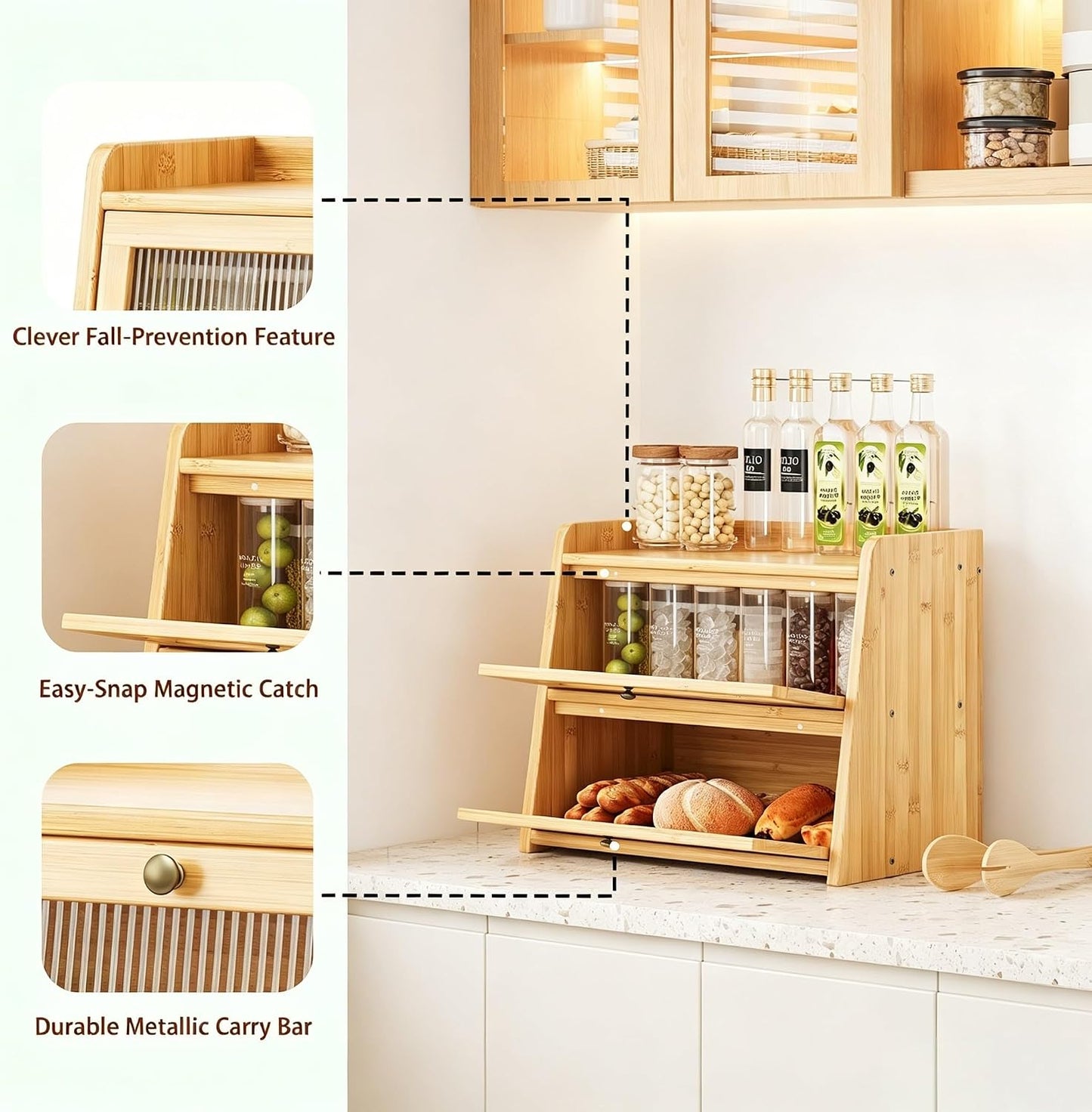 Double Layer Bamboo Bread Box with Window for Countertop | Natural Bamboo, Corner Bread Box, Double Layer with Clear