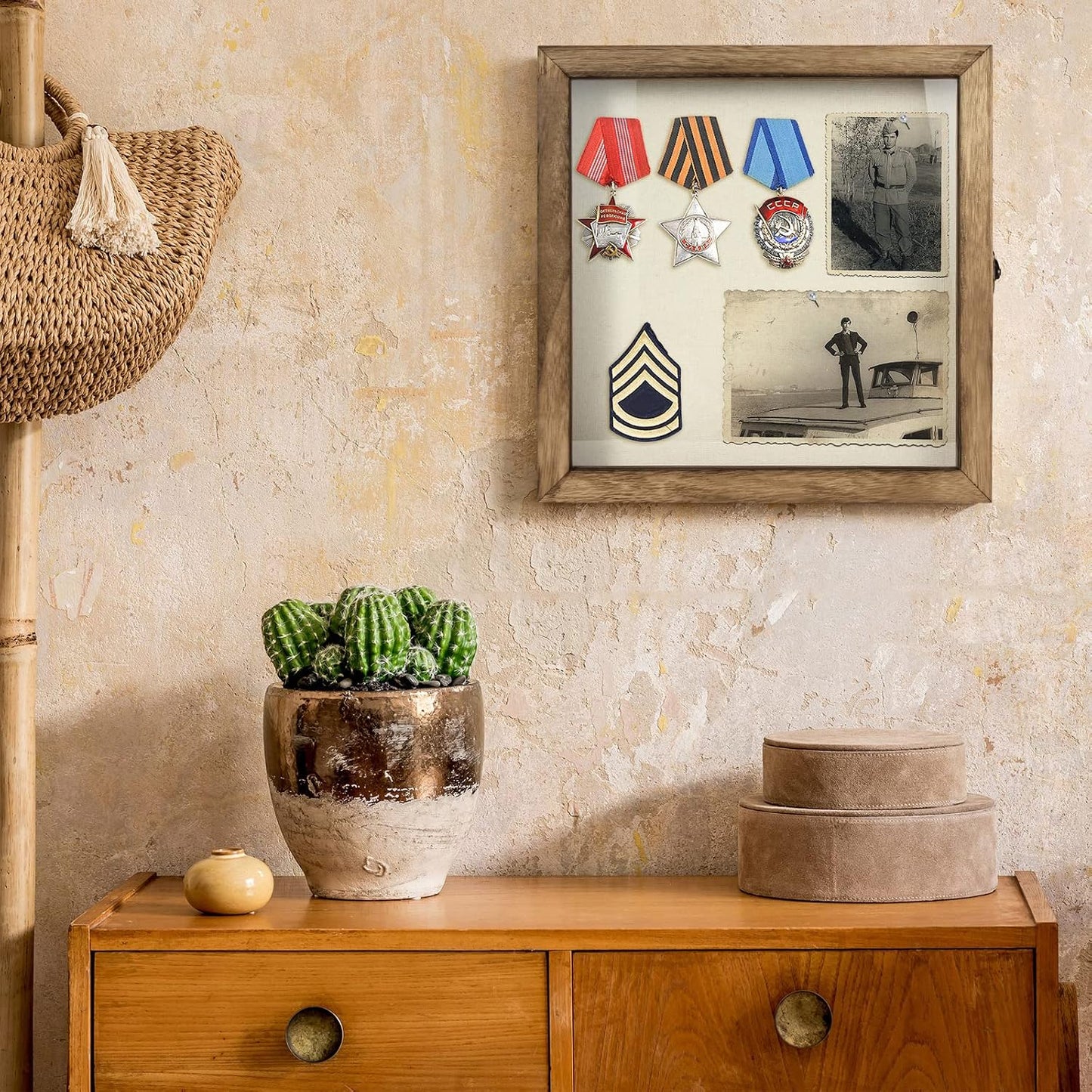 TJ.MOREE Shadow Box 11x11 Memory Display Case Wood Picture Frame Carbonized | Fits 9.4x9.4Inserts with Linen Back &