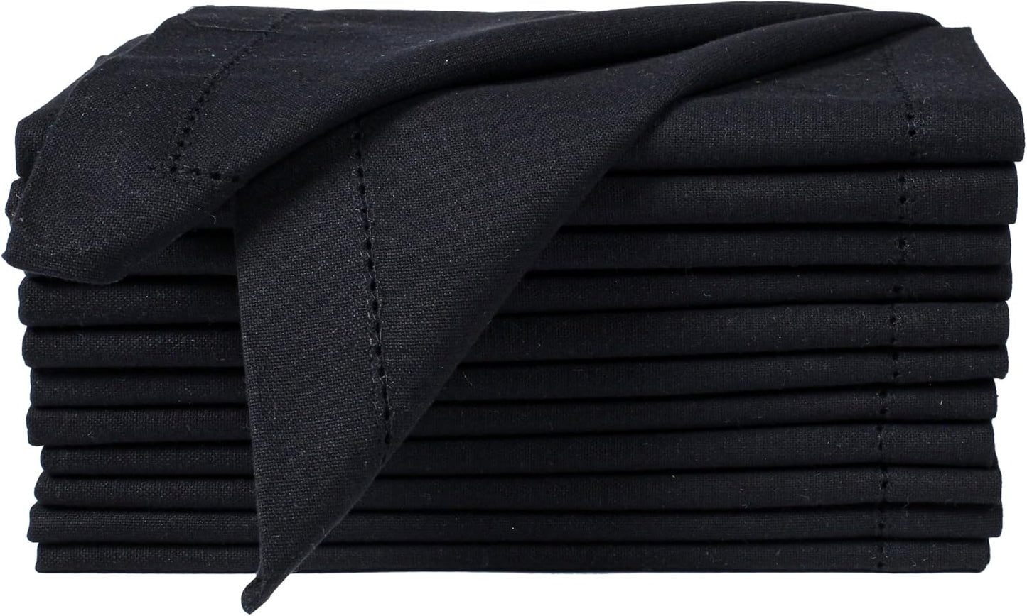 Bedding Craft Cloth Dinner Napkins Set of 12 – 18x18 Jet Black Linen-Look Hemstitched – Reusable Machine Washable