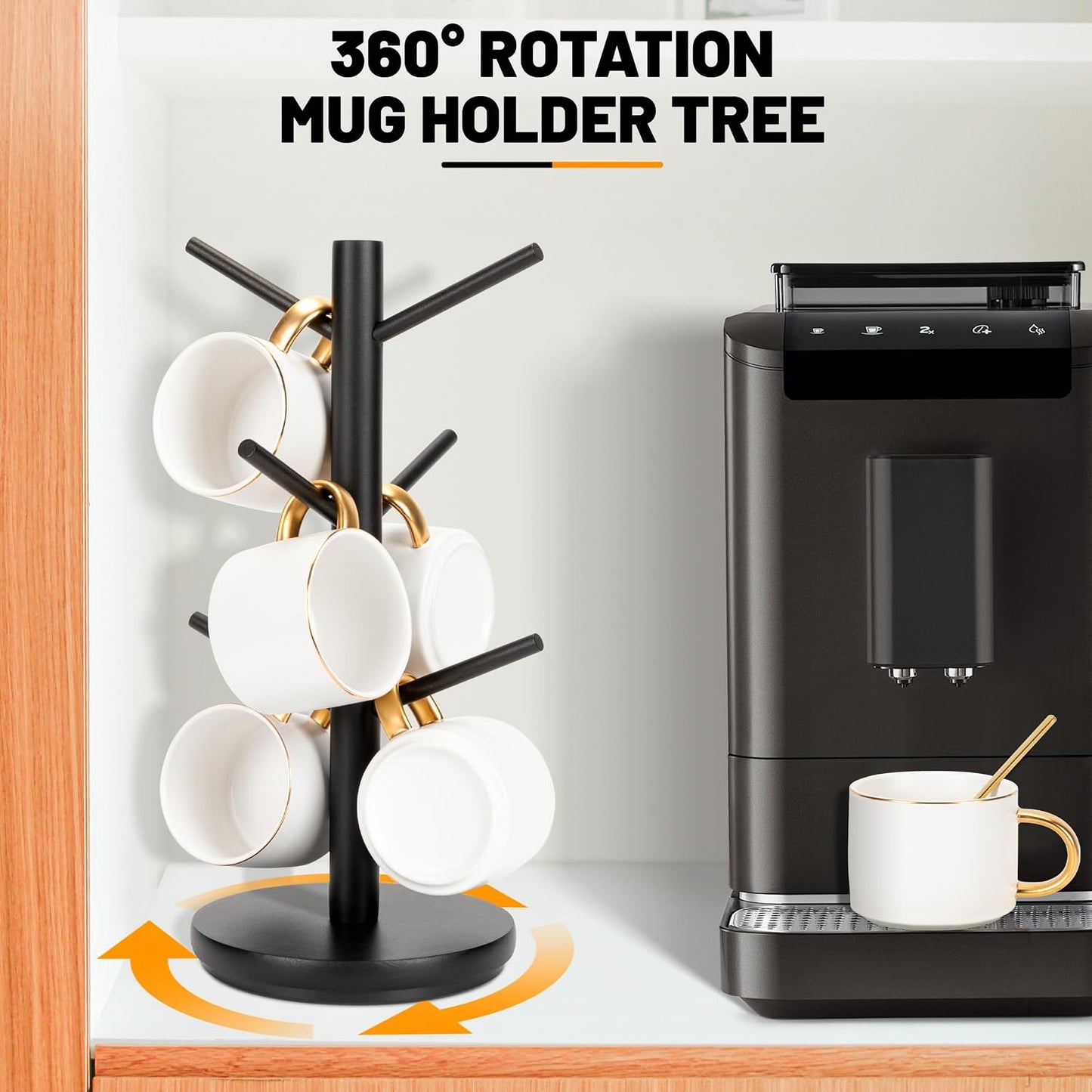 MyLifeUNIT Mug Holder Tree, 360° Rotated Coffee Cup Holder with 6 Hooks, Wooden Coffee Mug Holder Organizer for Counter