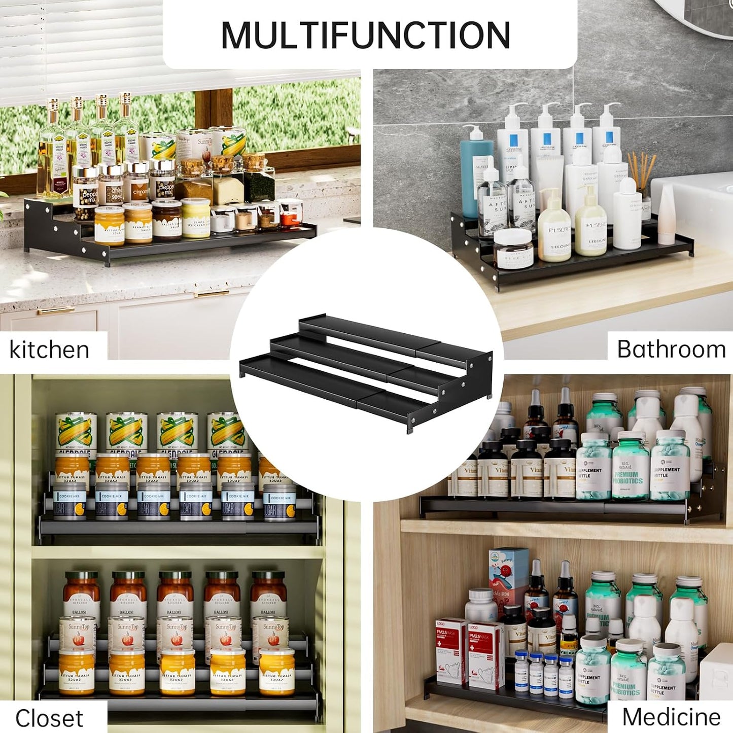 Expandable Carbon Steel Spice Rack Organizer for Pantry, Adjustable 3-Tier Ladder Shelf,Holds Up to 24 Cans,Kitchen