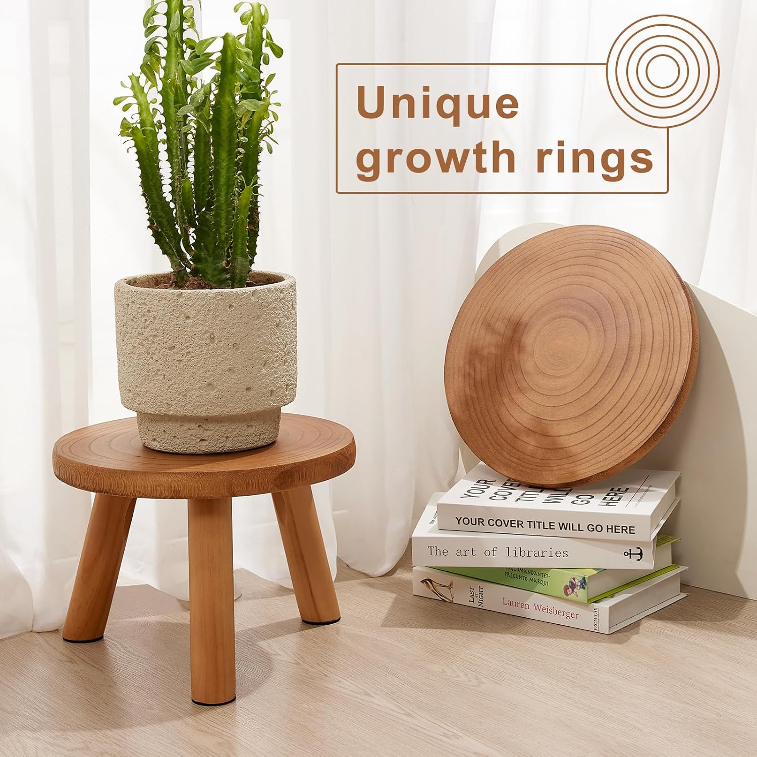 2 Pcs Plant Stand Indoor,11-12" Wood Plant Stand Holder with Growth Ring | Solid Wood Mid Century Modern Round Plant