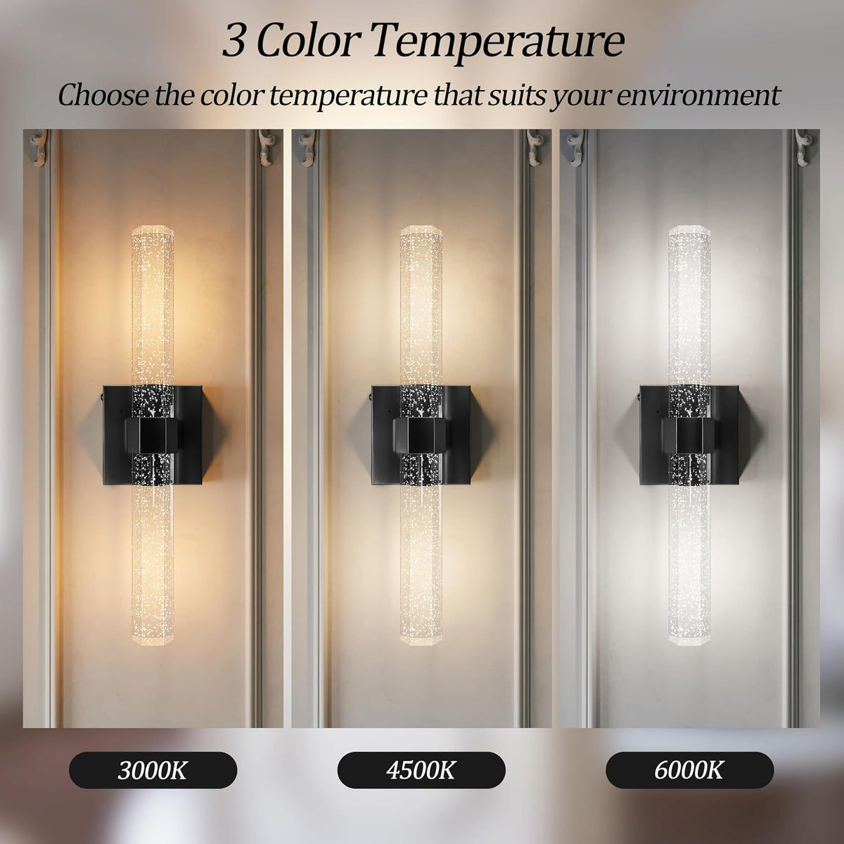 Battery Operated Wall Sconces Set of 2, Black, Bubble Crystal, 18.4 Inch | LED Wireless Rechargeable Wall Lights
