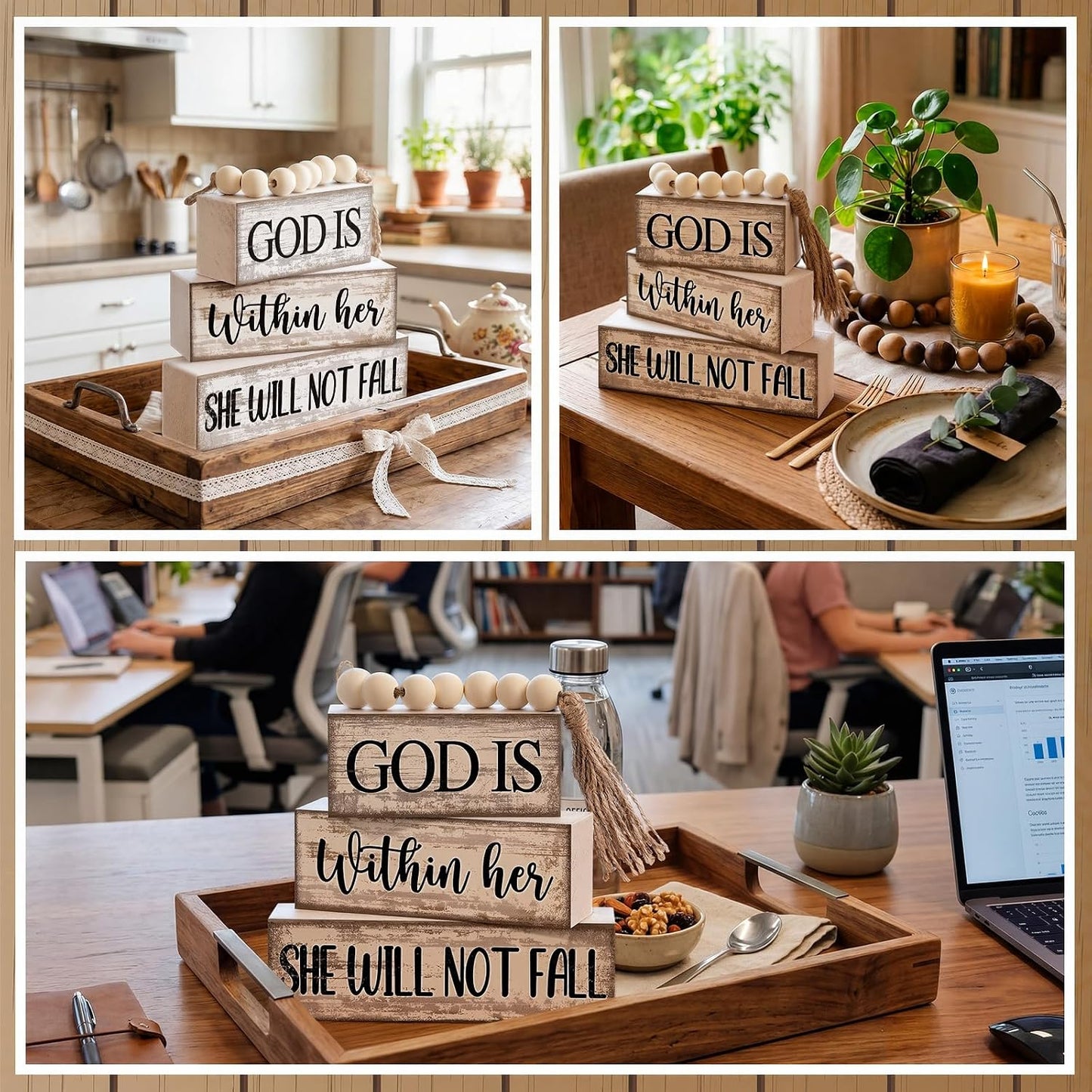 Christian Table Decor Rustic Wooden Block Sign Set / Bead / Set of 4