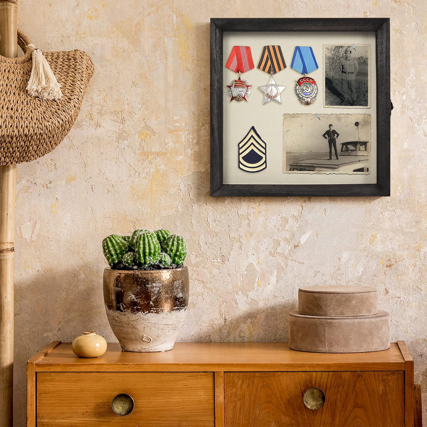 TJ.MOREE Shadow Box 11x11 Memory Display Case Wooden Picture Frame Black | Fits 9.4x9.4 Inserts with Linen Back Rustic
