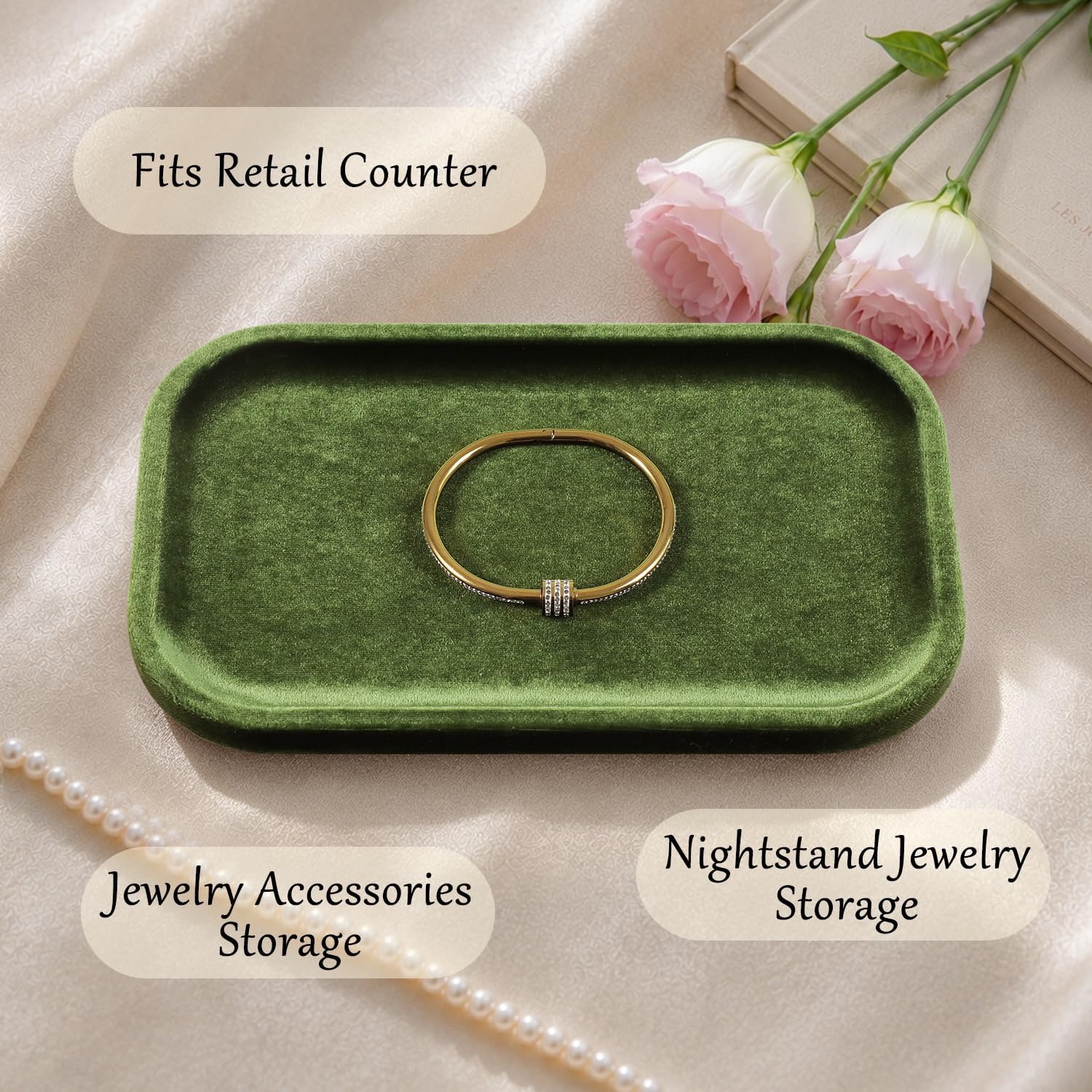 Resilient Velvet Jewelry Display Tray for Ring Earrings Bracelet Necklace / Olive Green / 7.9 x 4.7