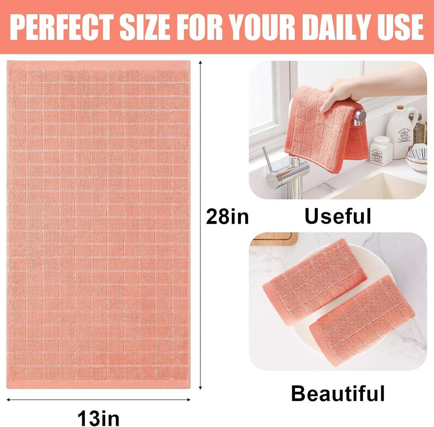 Homaxy 100% Cotton Terry Kitchen Towels, 6 Pack, Coral | Ultra Soft and Absorbent Dish Towels for Kitchen, Suitable for