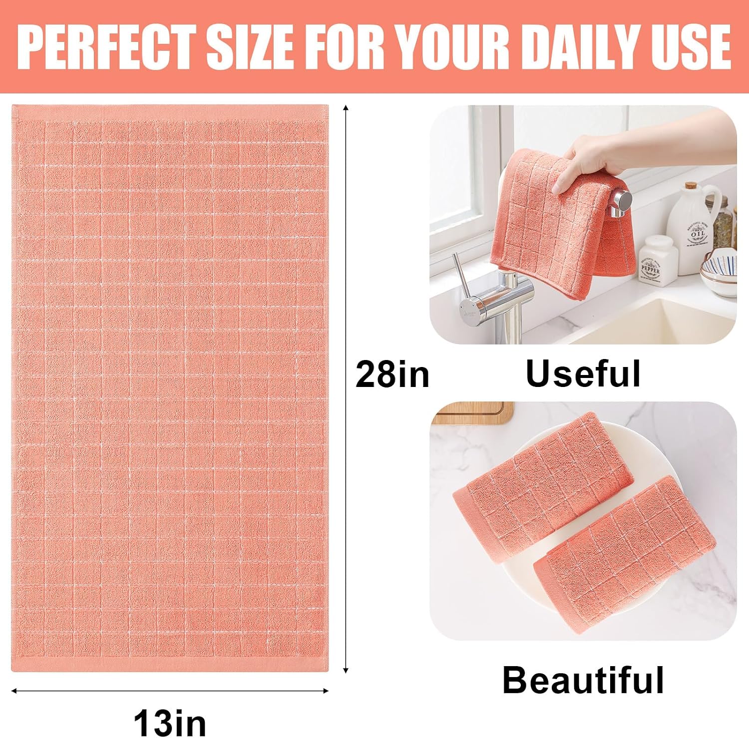 Homaxy 100% Cotton Terry Kitchen Towels, 6 Pack, Coral | Ultra Soft and Absorbent Dish Towels for Kitchen, Suitable for
