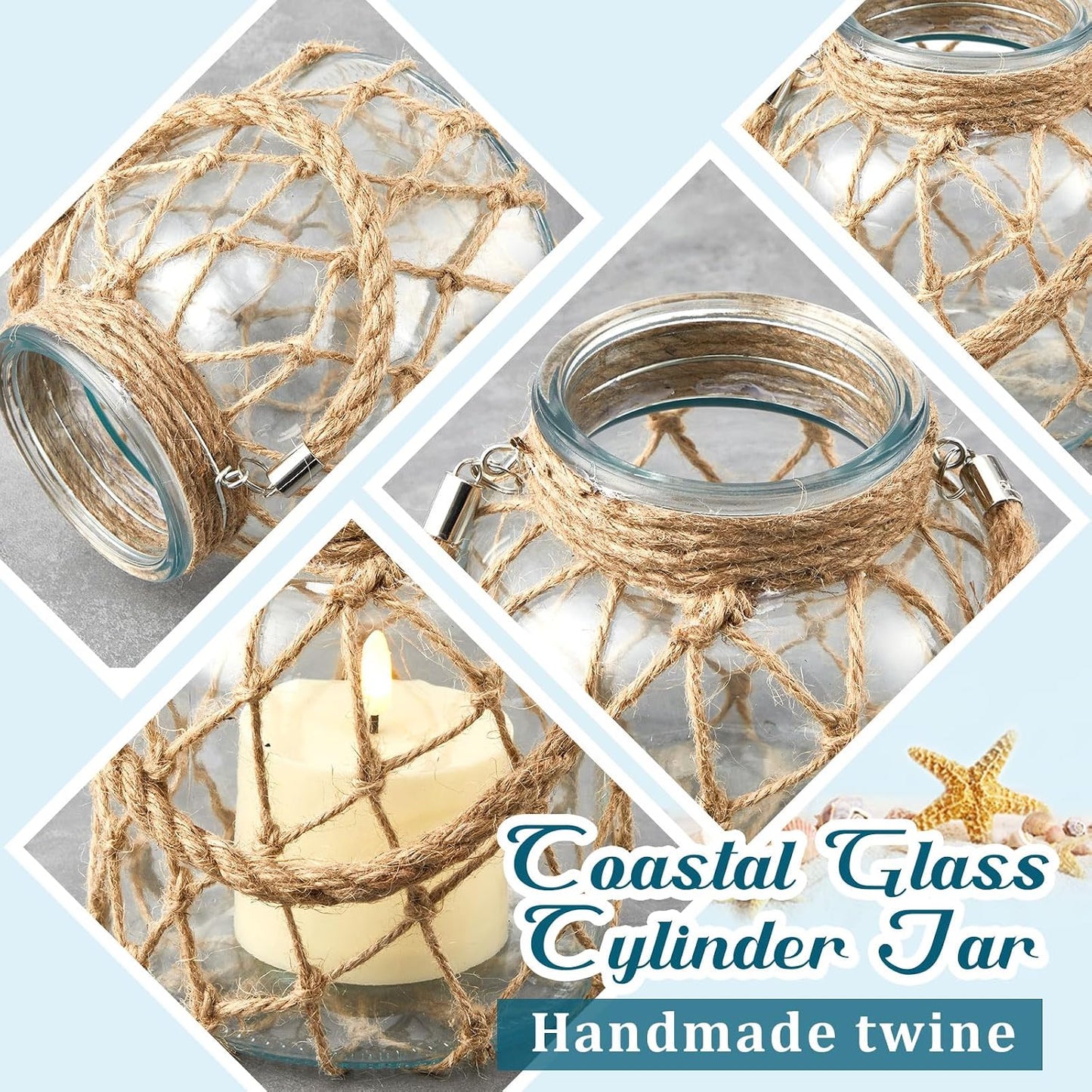 Blushtier 2 Set Nautical Lanterns Rope Handle, Glass LED Flameless,Clear | Battery Operated Light Candles, Coastal