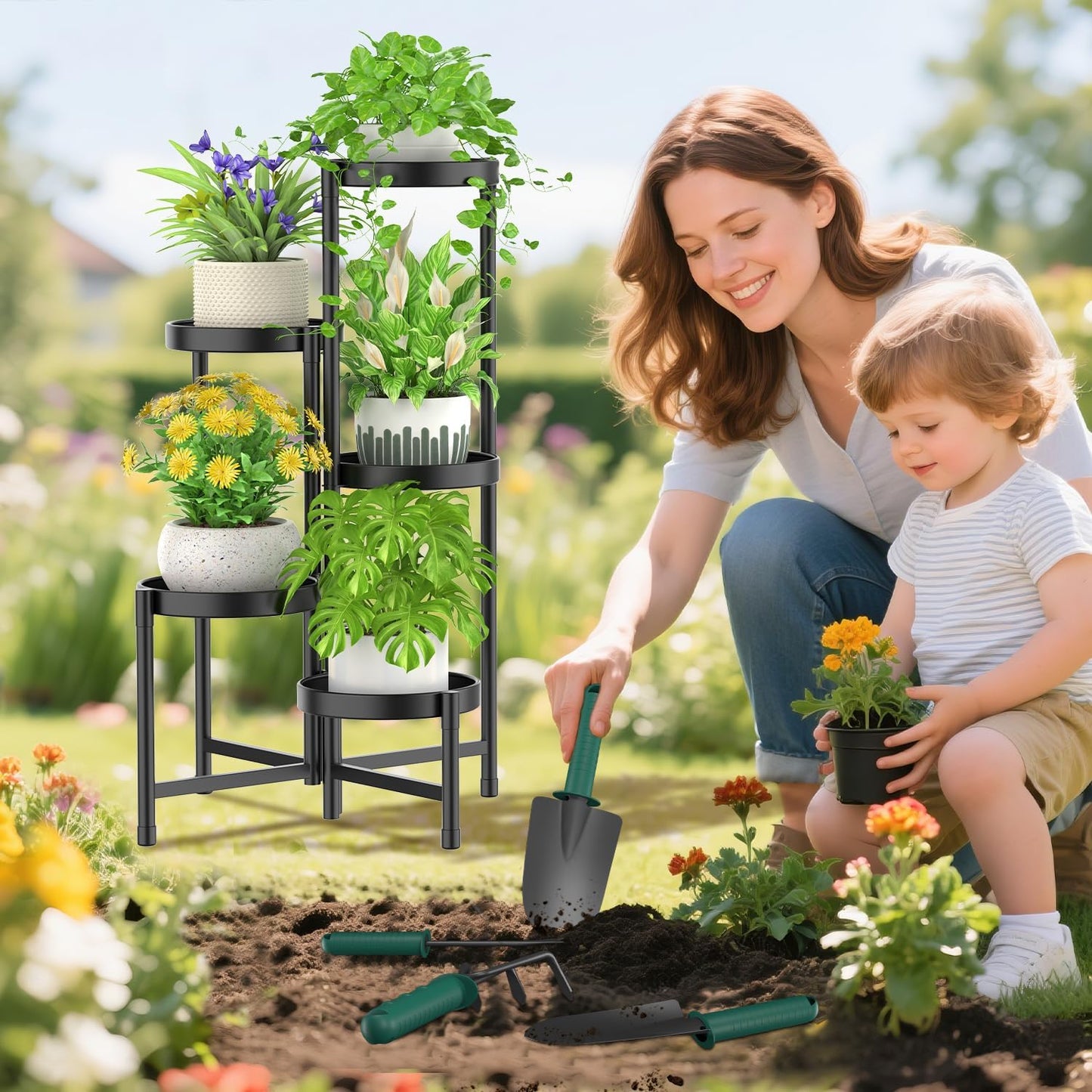 iDavosic.ly Plant Stand with Garden Tools Indoor Outdoor, 5 Tier, Black | Metal Corner Shelf, Tiered Flower Display