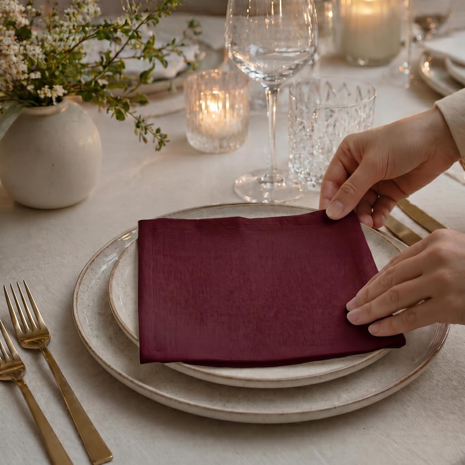 ACCENTHOME Burgundy Cotton Linen Napkin Set of 12 18x18 inch Dinner | Cotton Linen Blend Napkins, Machine Wash On