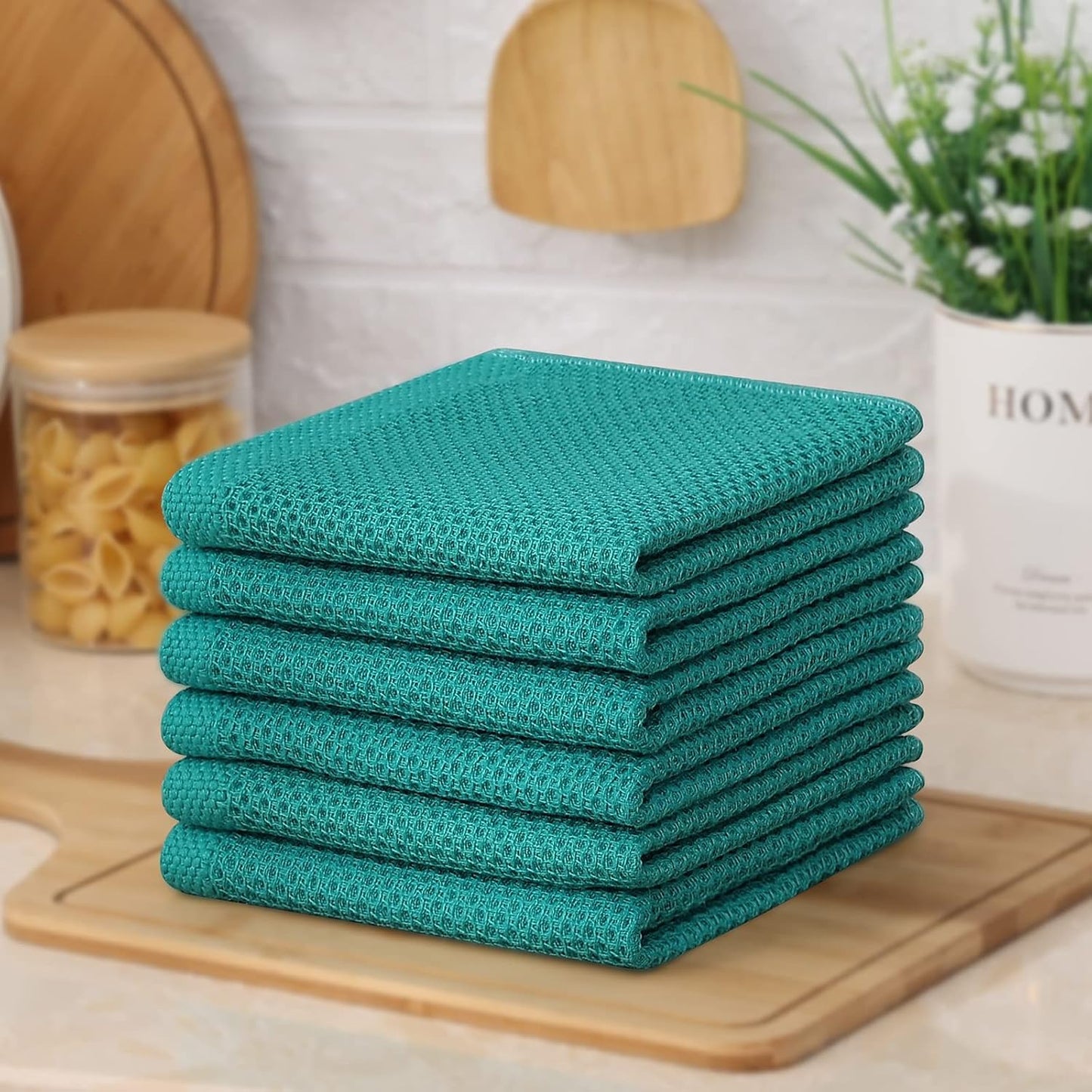 Kitinjoy 100% Cotton Waffle 12-Pack Kitchen Towels, 12" x 12", Teal | Ultra Absorbent, Super Soft, lightweight, Quick