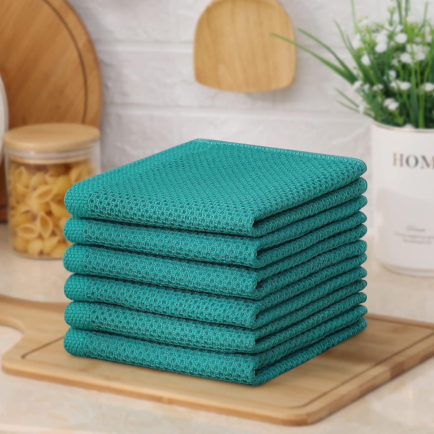 Kitinjoy 100% Cotton Waffle 12-Pack Kitchen Towels, 12" x 12", Teal | Ultra Absorbent, Super Soft, lightweight, Quick