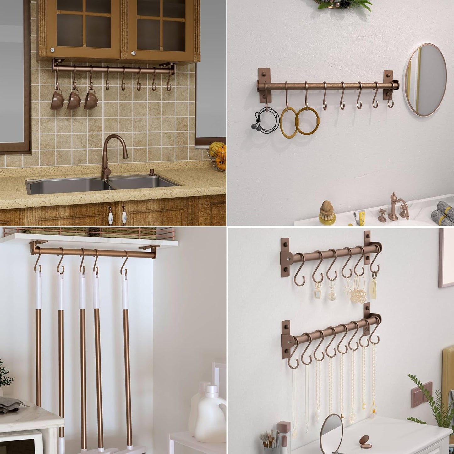 Kitchen Utensil Holder Hanger, Pot and Pan Rack Wall Mounted, Kitchen Rail with 8 Hooks for Hanging Cooking Utensils
