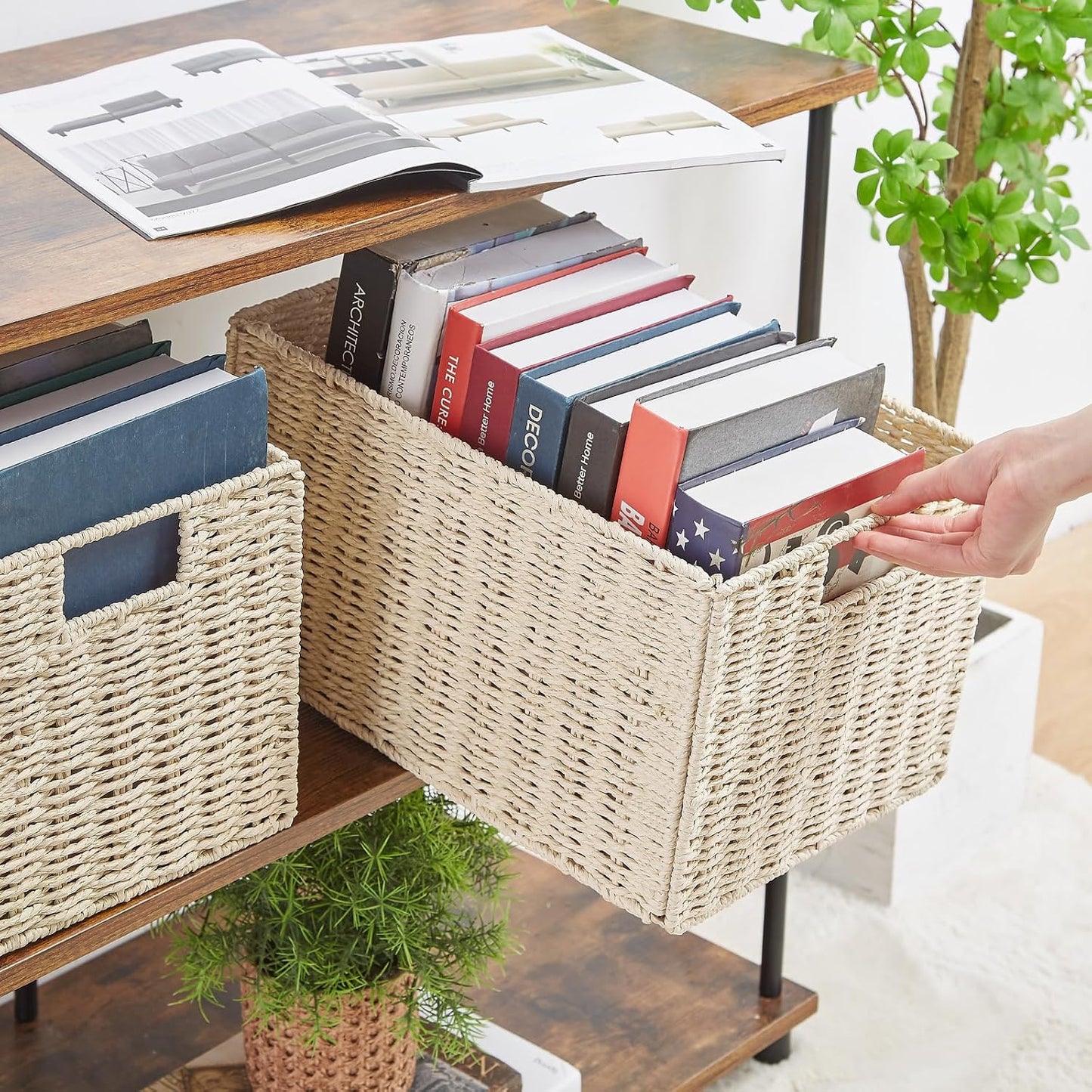 Wicker Storage Basket / Beige / 15.2"D x 10"W x 8.6"H / Set of 2