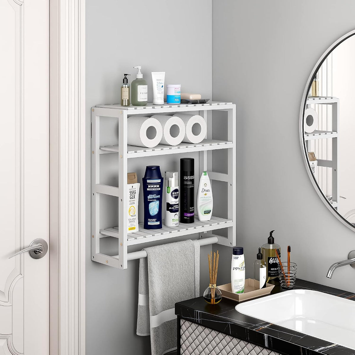 Galood Over The Toilet Storage Bathroom Shelves Wall Mounted 3 Tier White | Space Saver Corner Shelf Organizer Bamboo