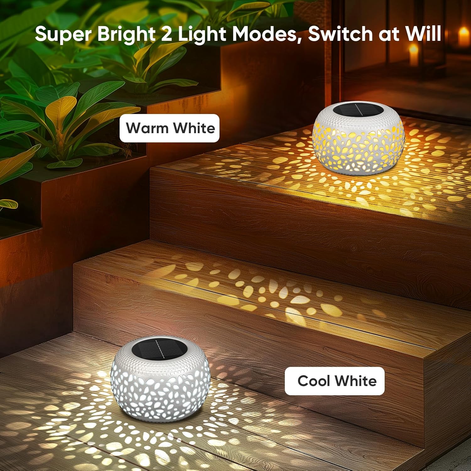 Solar Lanterns Outdoor Waterproof: 4 Pack White Hollow Out Solar Lights | 2 Lighting Colors, IP65 Auto On/Off, Metal