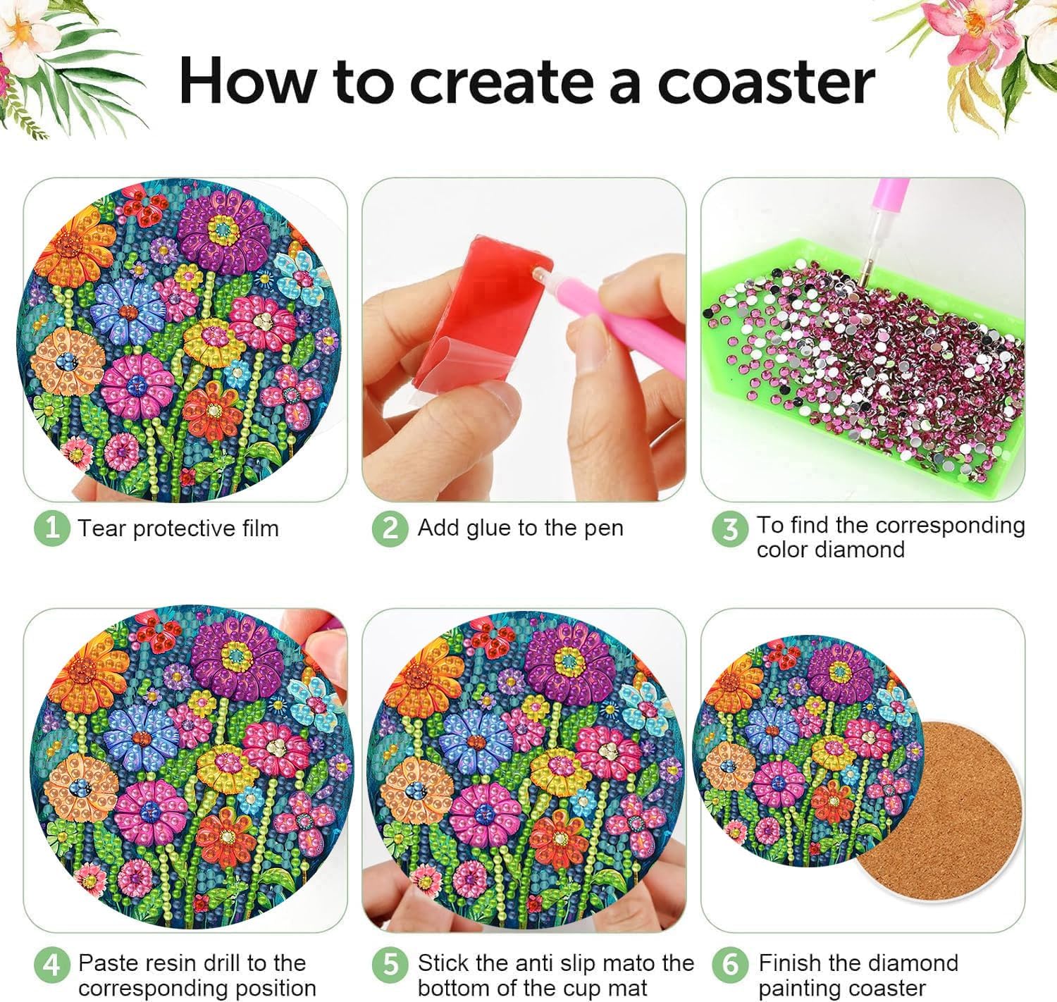 Holder Cork Pads / Colorful Flowers / Set of 8