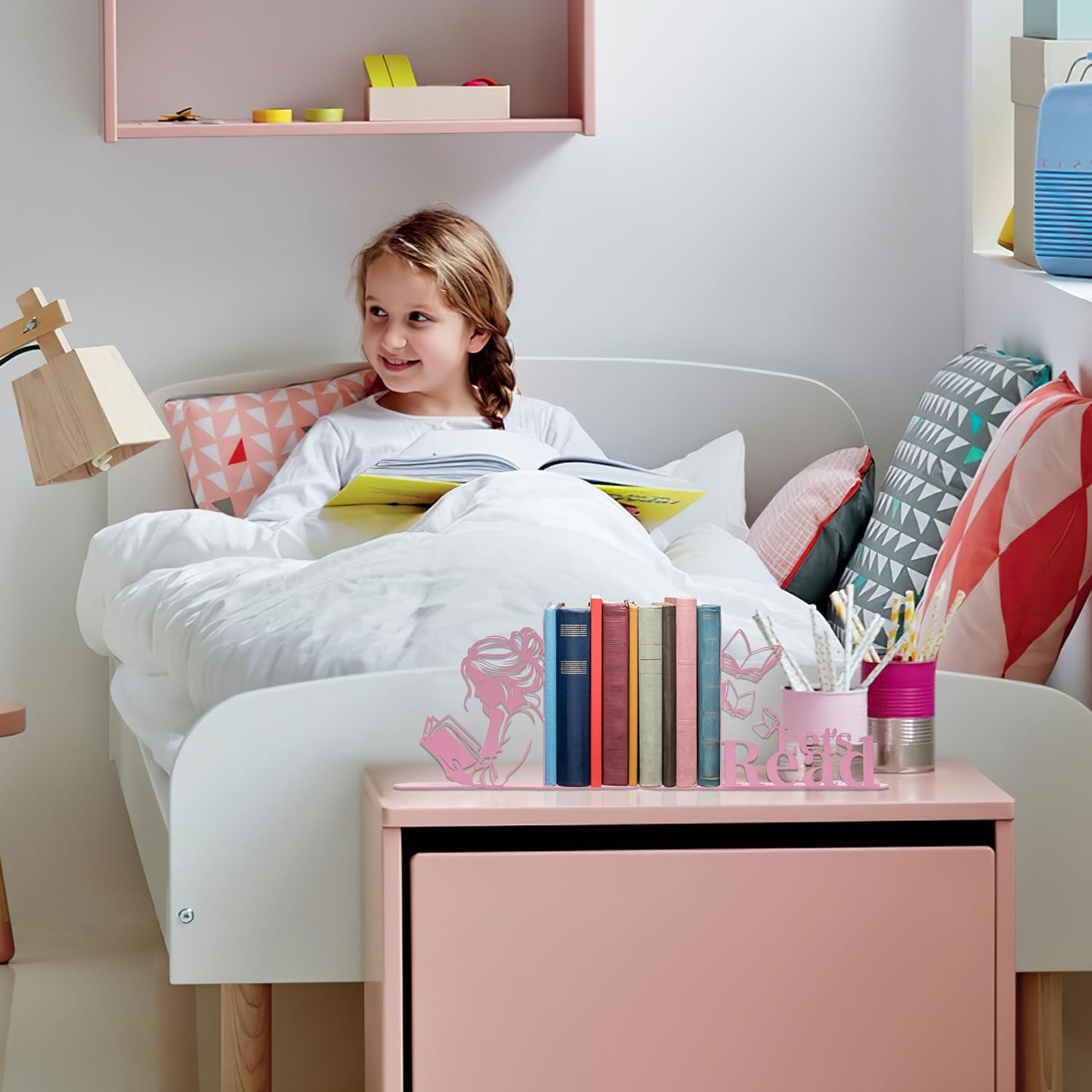 Metal Girl Reading Book Bookends / Pink