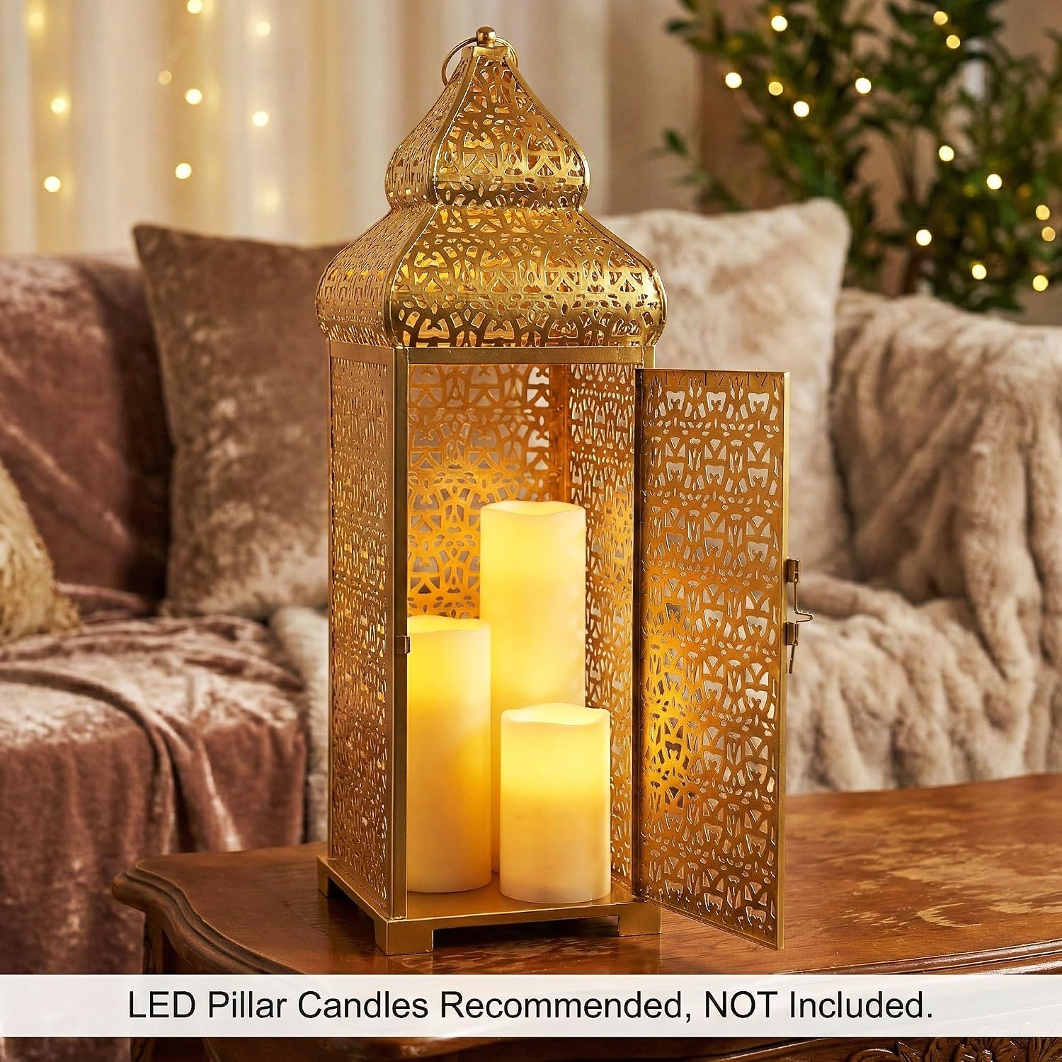 Vela Lanterns Decorative Indoor Tall Moroccan Floor Candle Holder, Gold, XL | Ramadan Decorations for Home, Extra Large