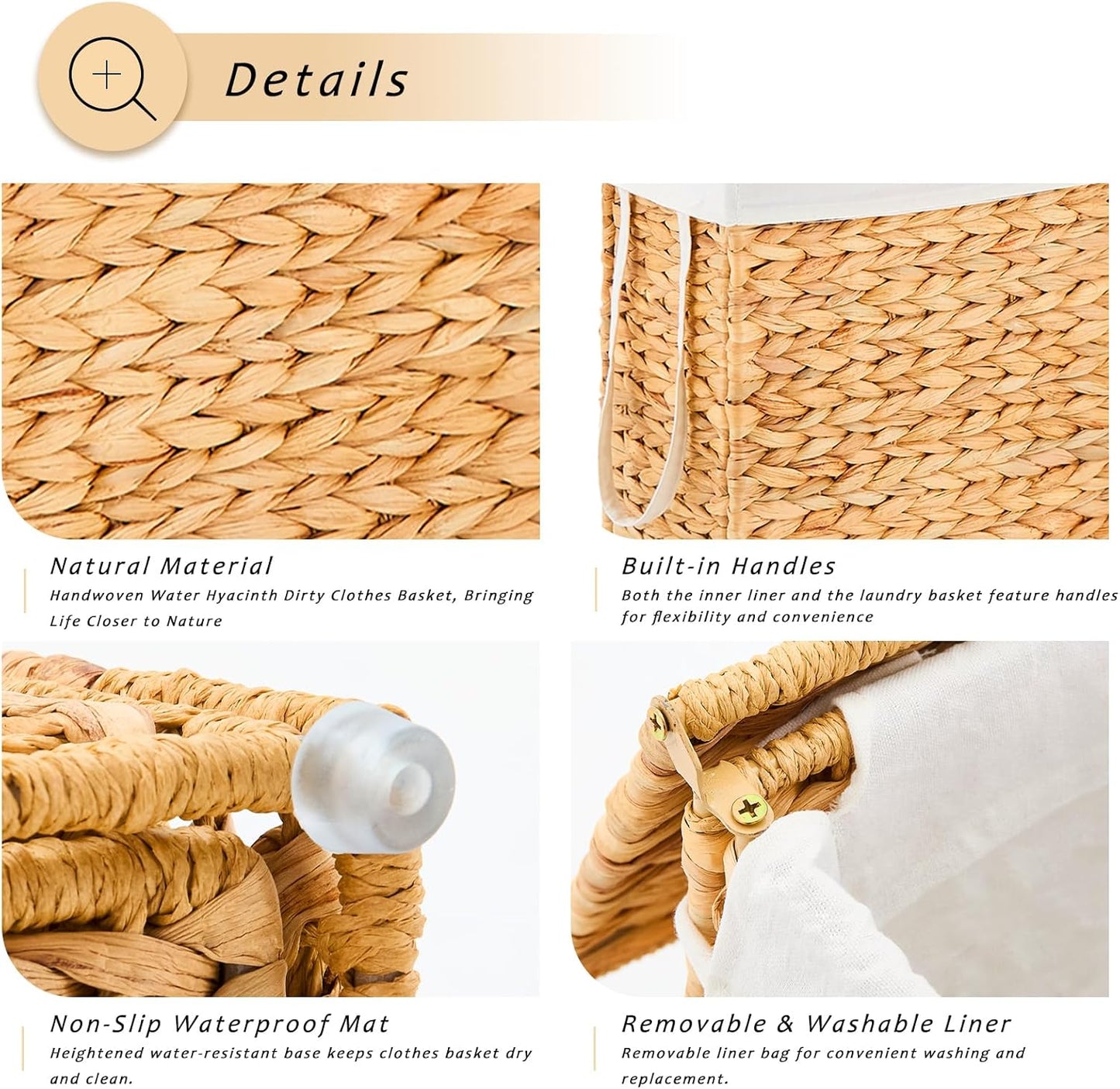 Narrow Wicker Laundry Basket / Hyacinth with Lid / 55L / Natural