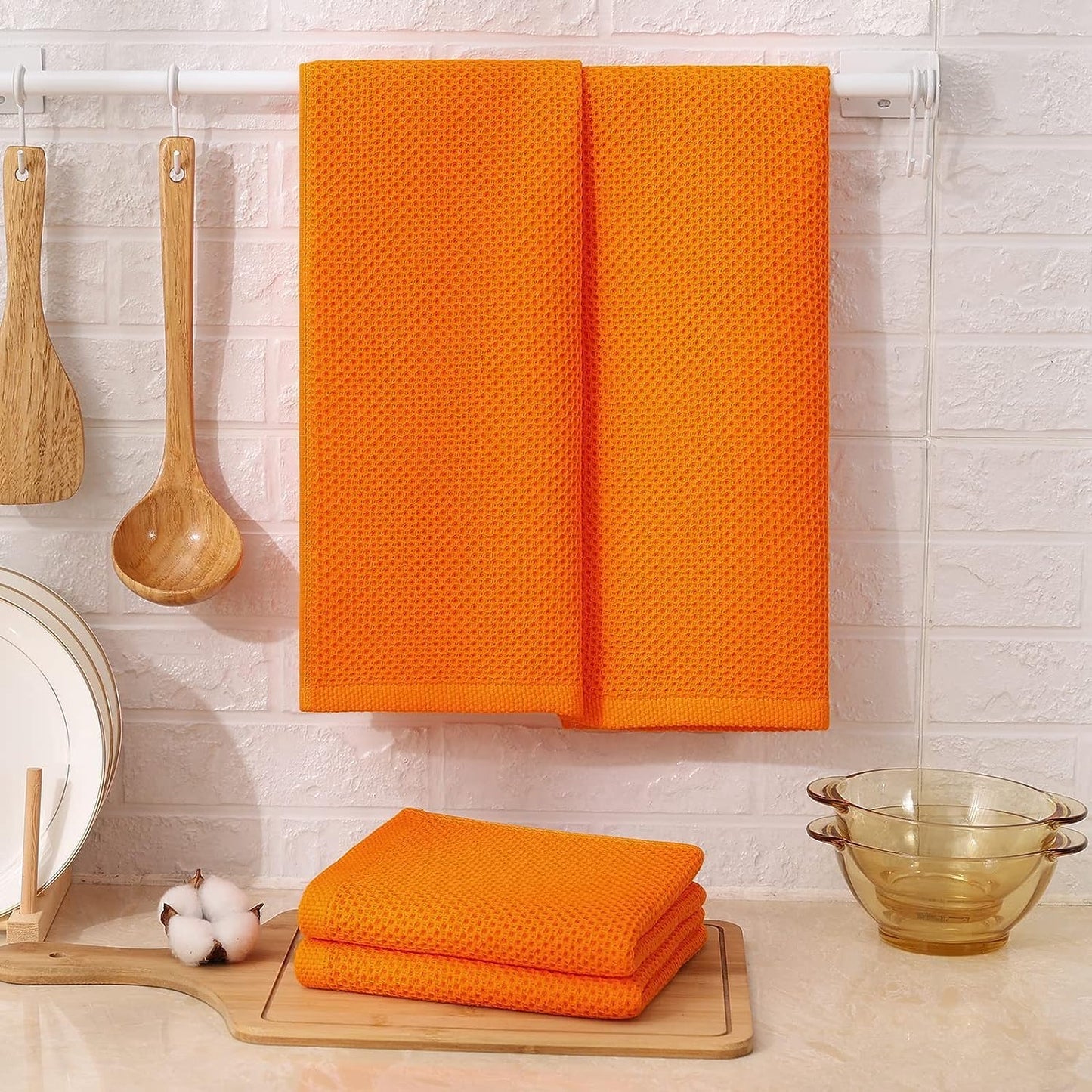 Kitinjoy 100% Cotton Waffle 6-Pack Kitchen Towels, 13" x 28", Orange | Super Soft, Ultra-Absorbent, Fast Drying