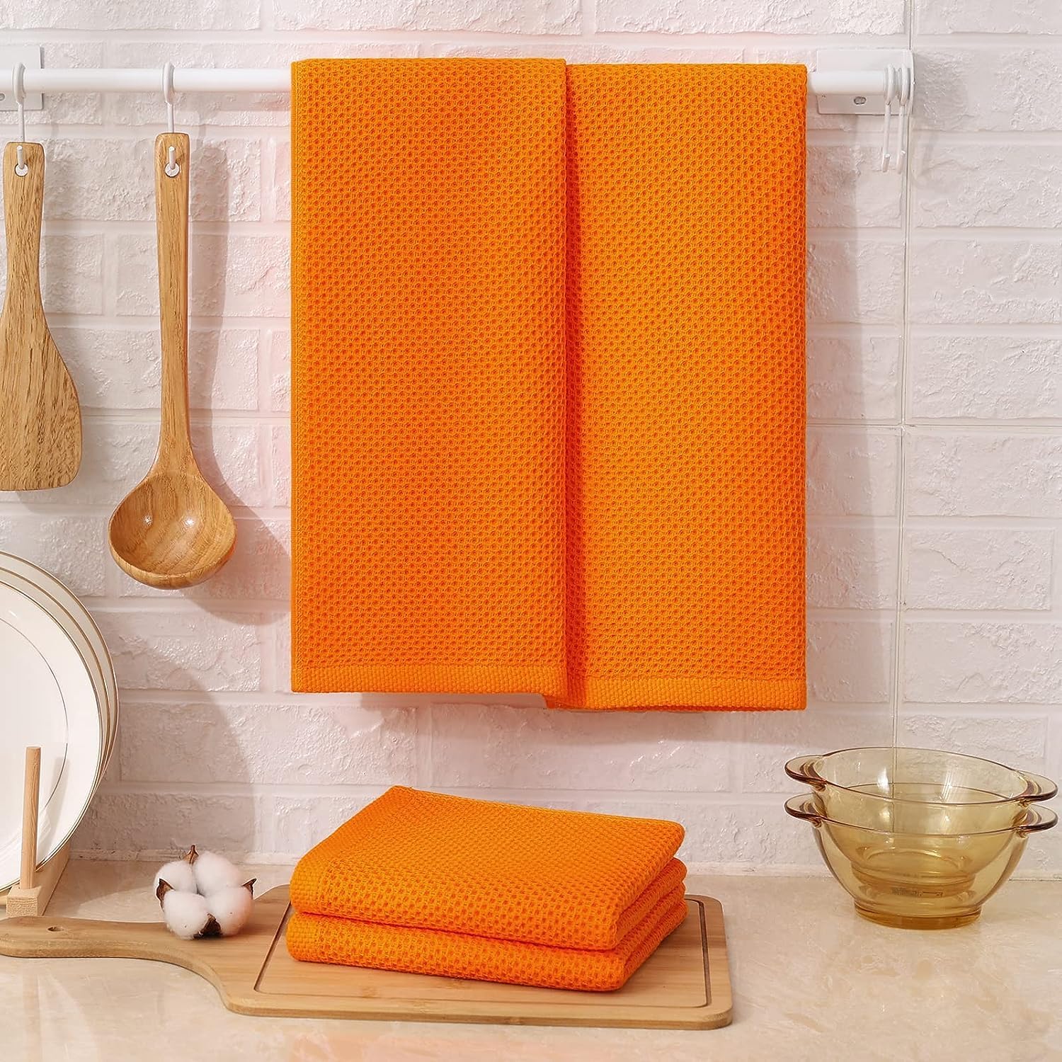 Kitinjoy 100% Cotton Waffle 8-Pack Kitchen Towels, 13" x 28", Orange | Super Soft, Ultra-Absorbent, Fast Drying