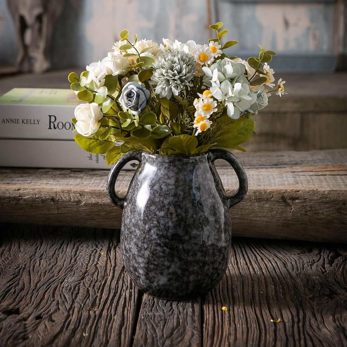 Black Ceramic Vase / Double Handle - Black