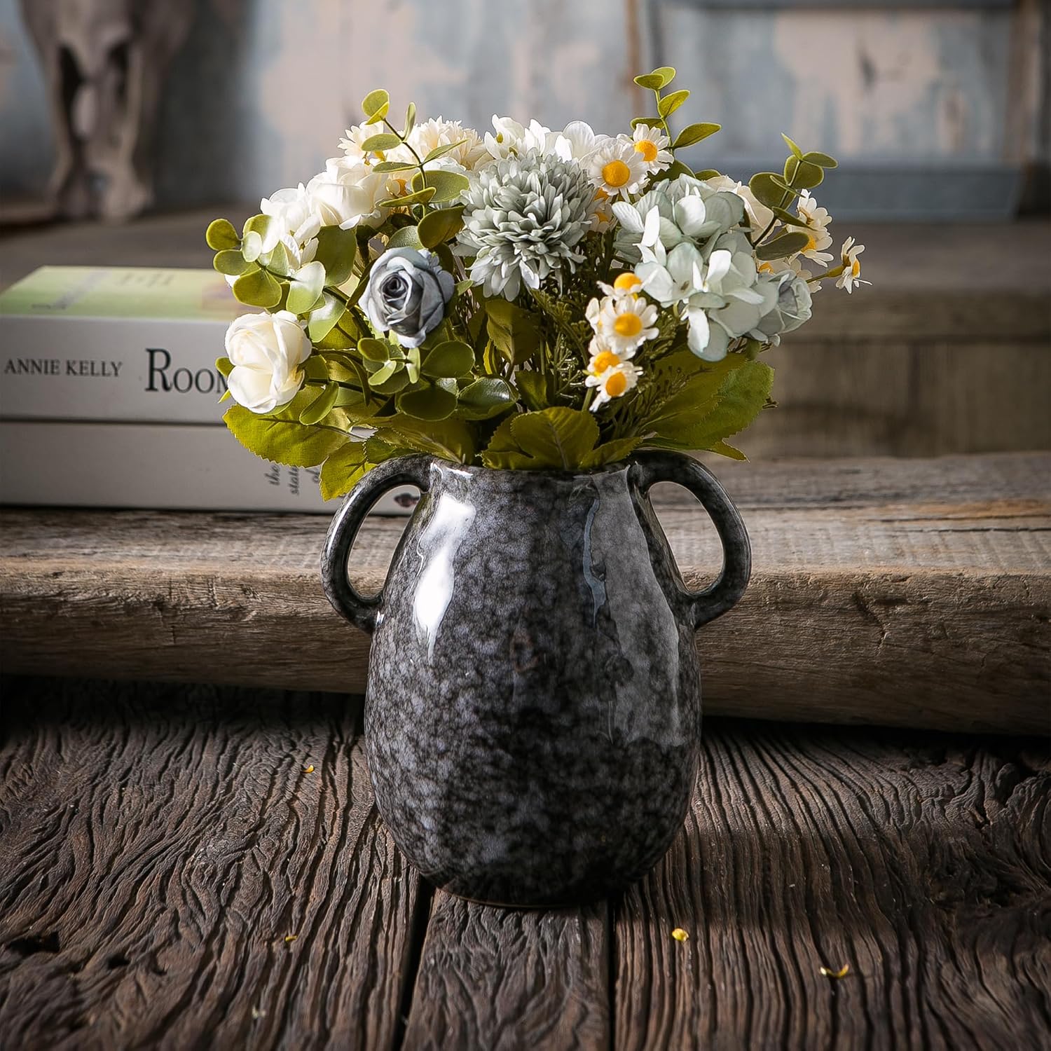 Black Ceramic Vase / Double Handle - Black
