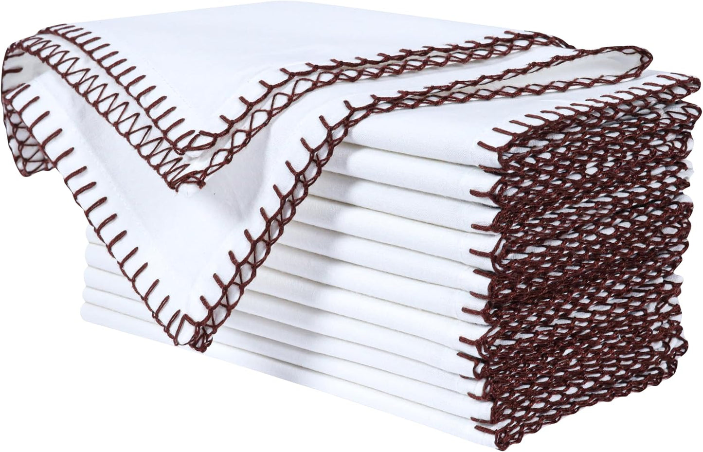 Bedding Craft Cotton Cloth Dinner Napkins Set of 12 – 18x18 Hot Chocolate Brown Cloth Napkins with Blanket Stitch