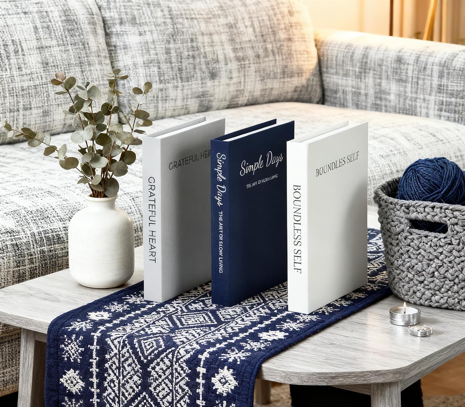 Navy Blue Decorative Books Minimalist Linen Hardcover Beaded / Navy Blue with Beads / Set of 3